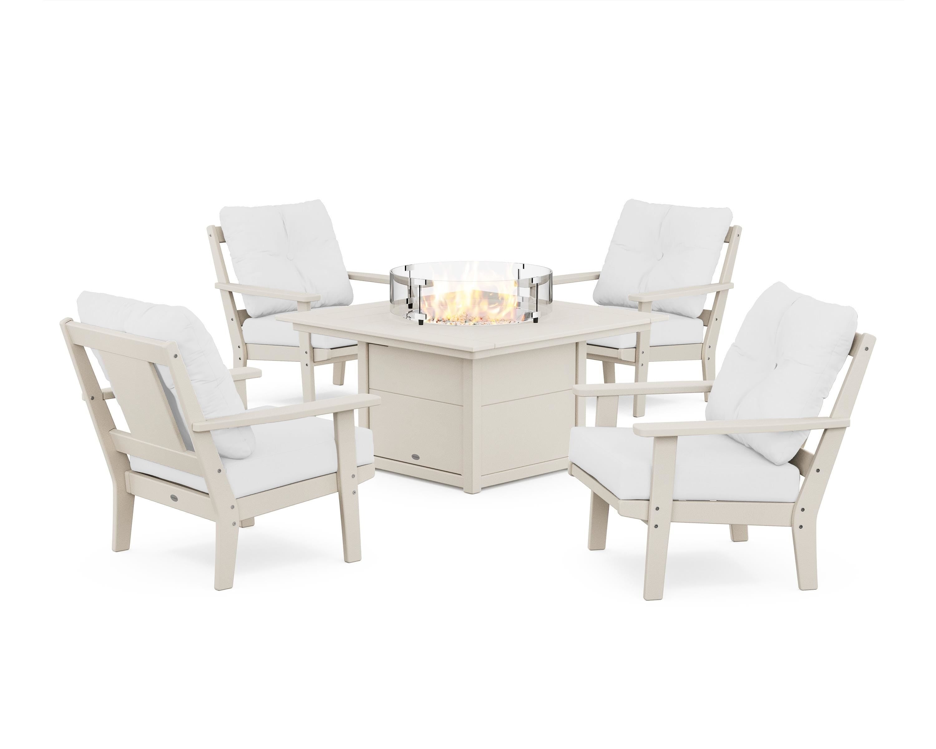 POLYWOOD Prairie 5-Piece Deep Seating Set with Fire Pit Table in Sand / Natural
