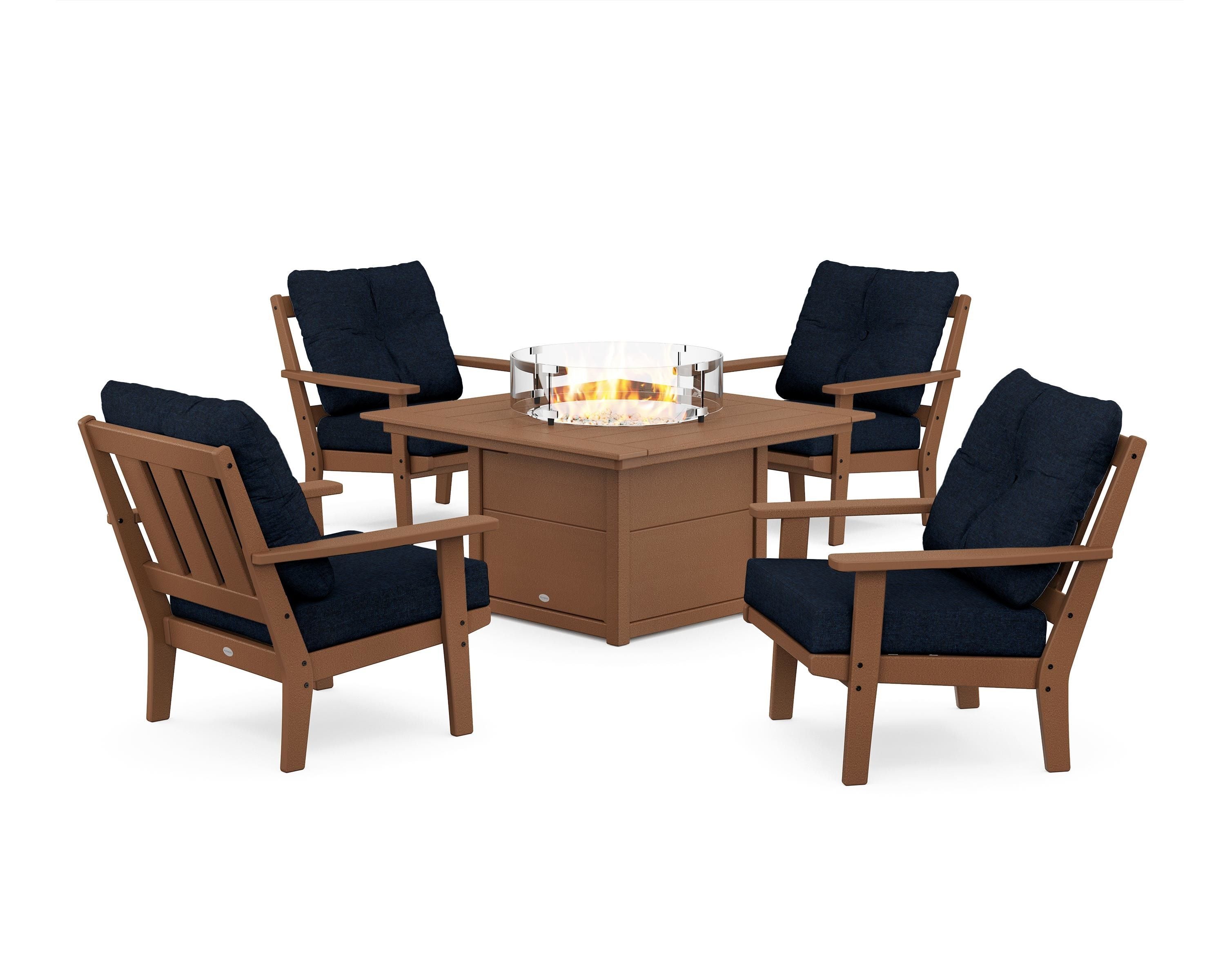 POLYWOOD Oxford 5-Piece Deep Seating Set with Fire Pit Table in Teak / Marine Indigo