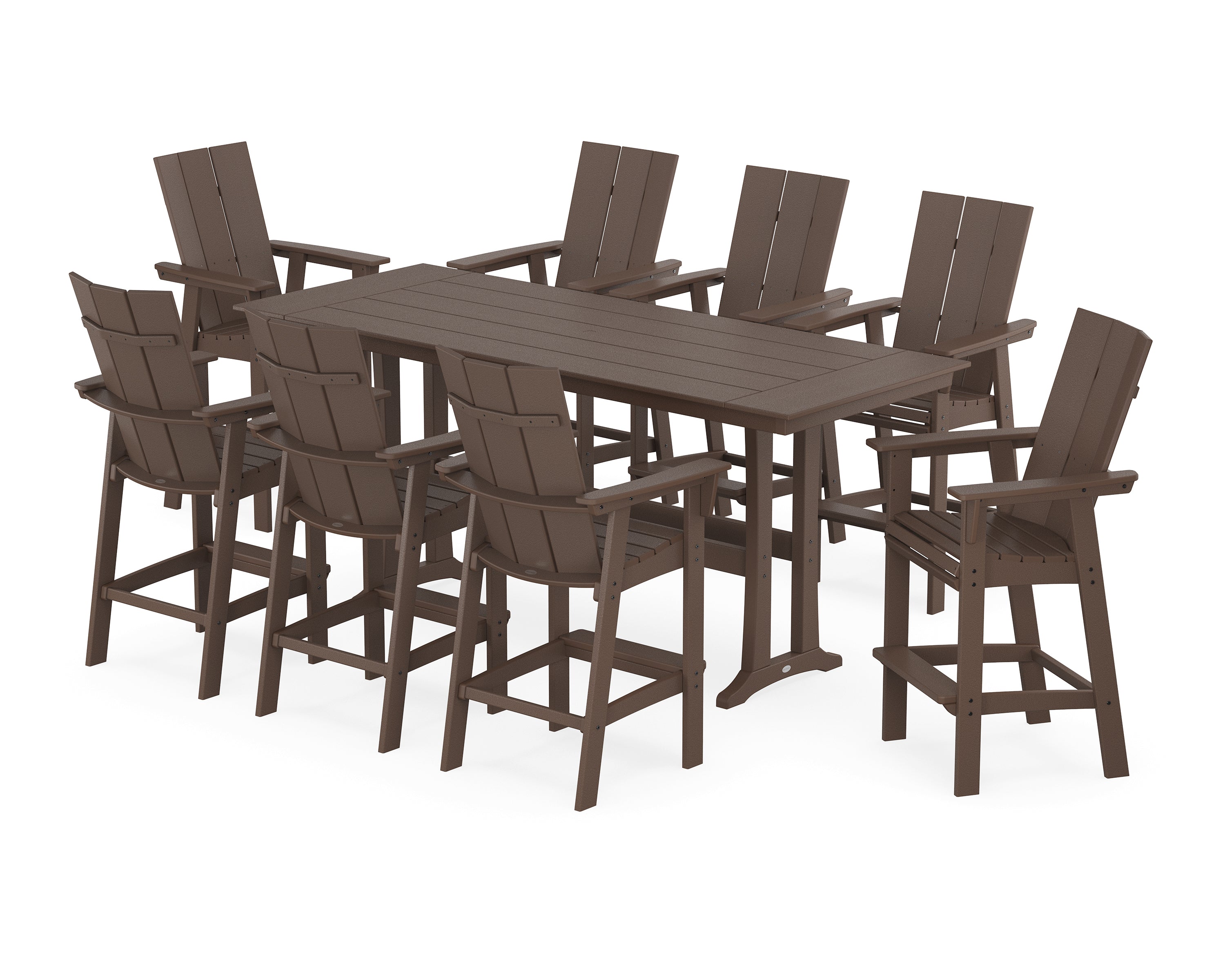 POLYWOOD Modern Curveback Adirondack 9-Piece Farmhouse Bar Set with Trestle Legs in Mahogany