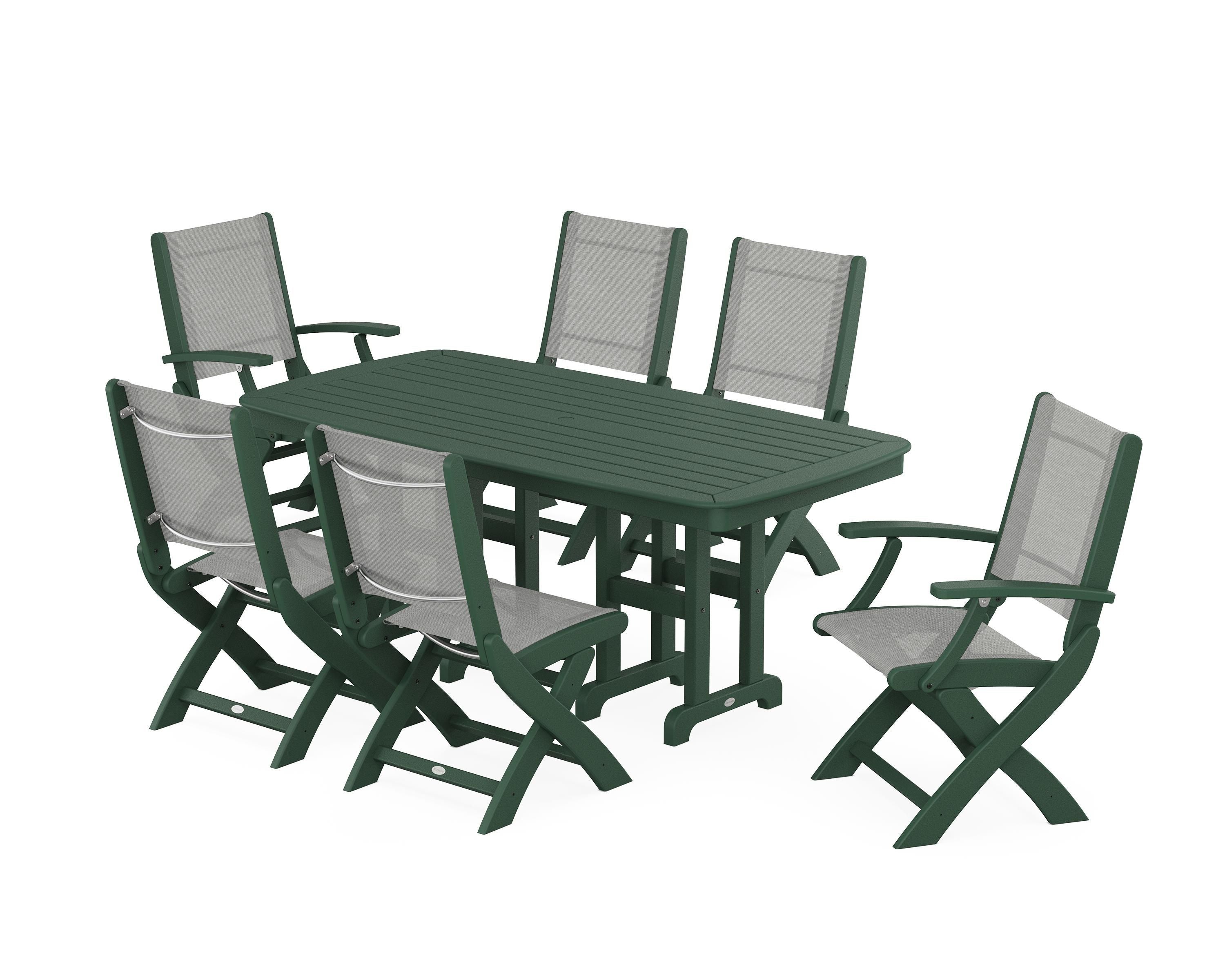 POLYWOOD Coastal Folding Chair 7-Piece Dining Set in Green / Metallic Sling
