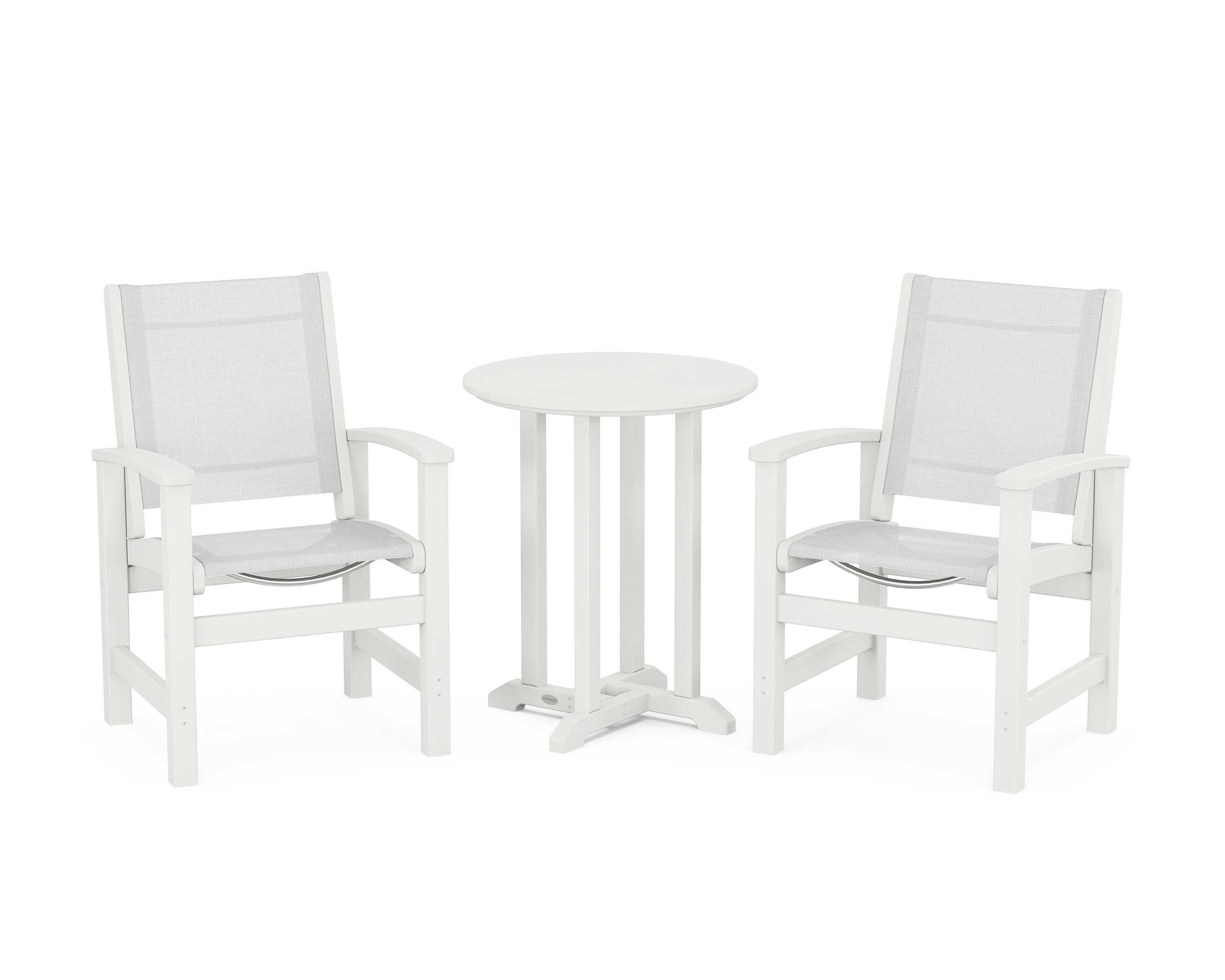 POLYWOOD Coastal 3-Piece Round Bistro Dining Set in White / White Sling