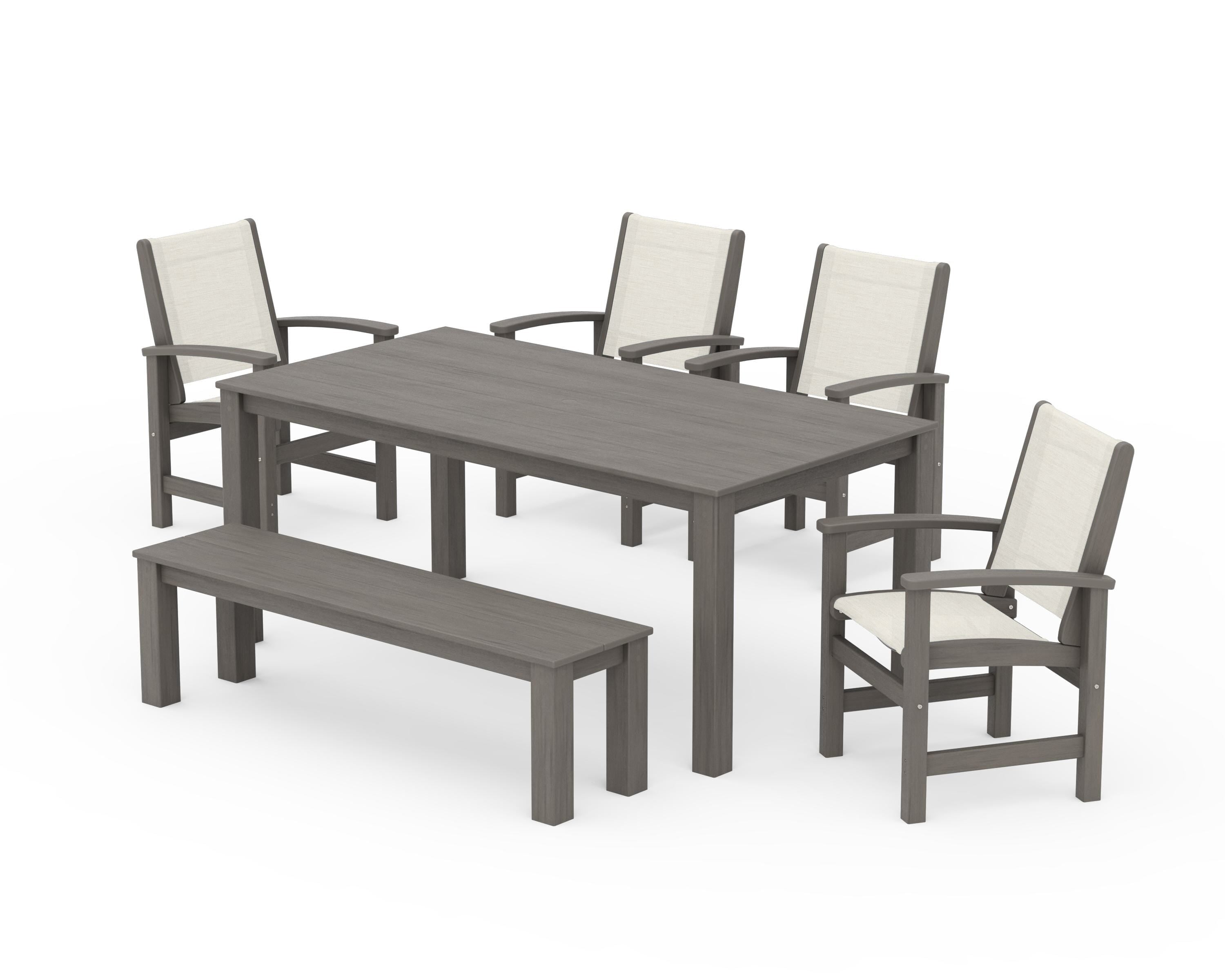 POLYWOOD Coastal 6-Piece Parsons Dining Set with Bench in Driftwood / Parchment Sling