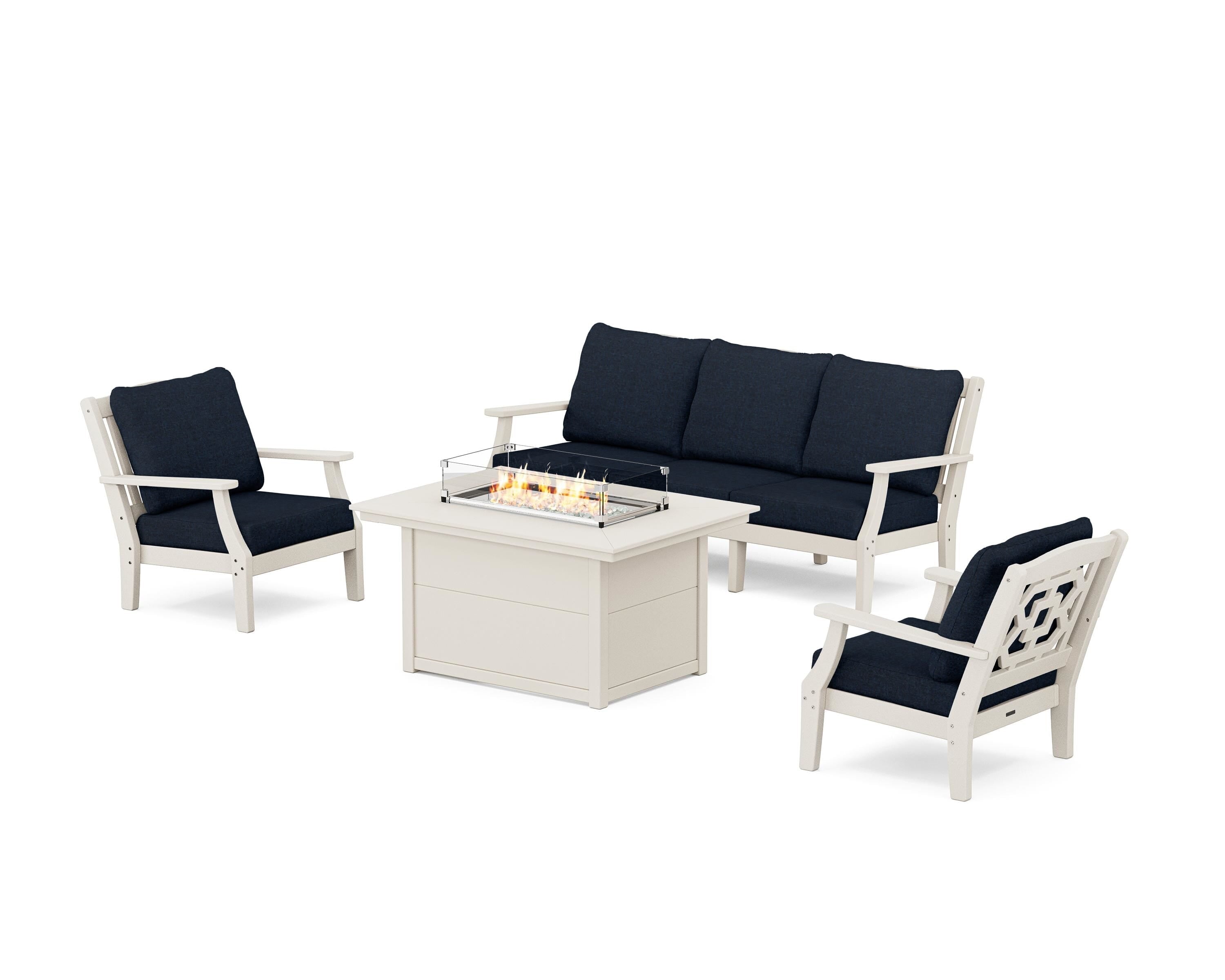 Martha Stewart by POLYWOOD Chinoiserie Deep Seating Fire Pit Table Set in Sand / Marine Indigo