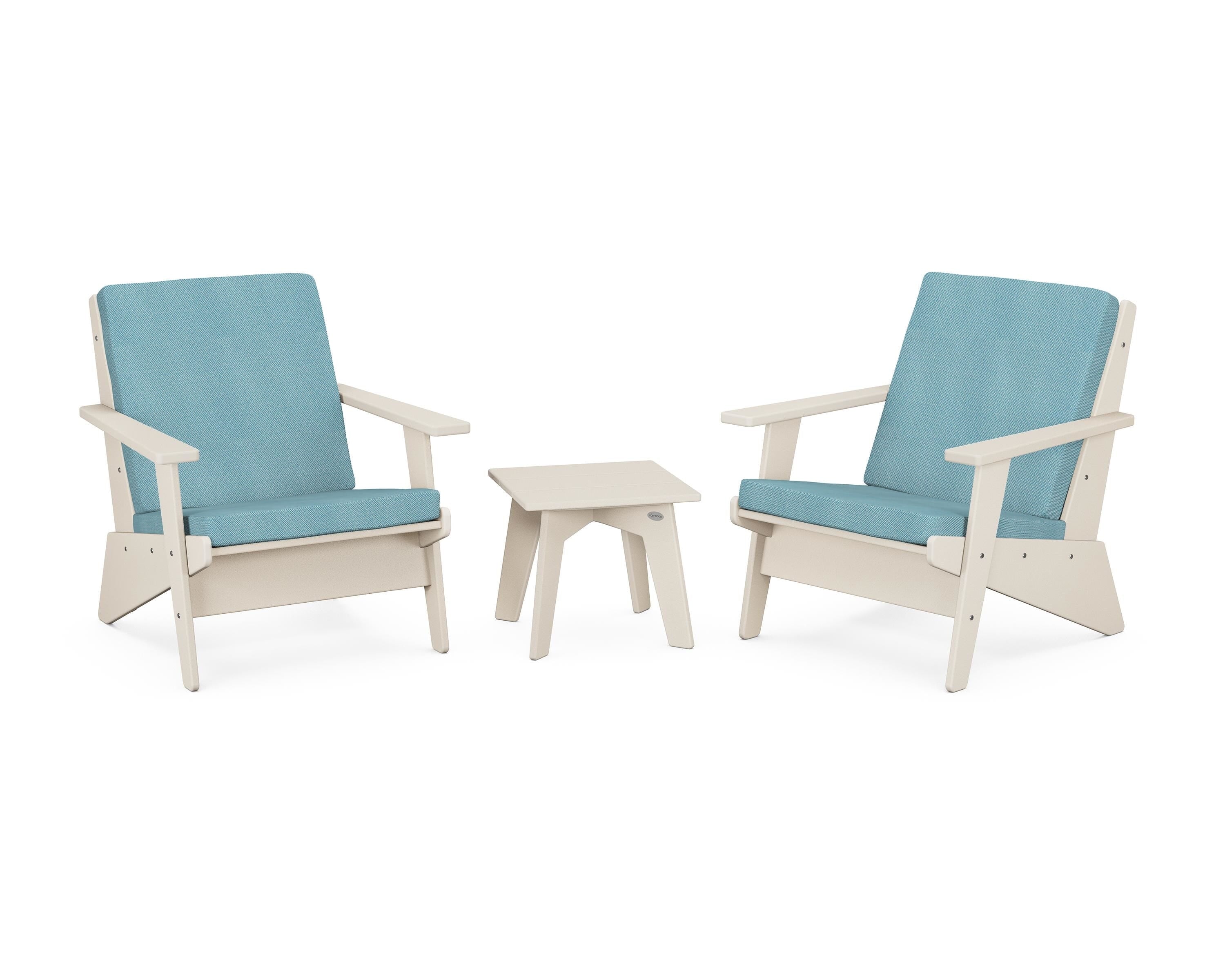POLYWOOD Riviera Modern Lounge 3-Piece Set in Sand / Lattice Sky Blue