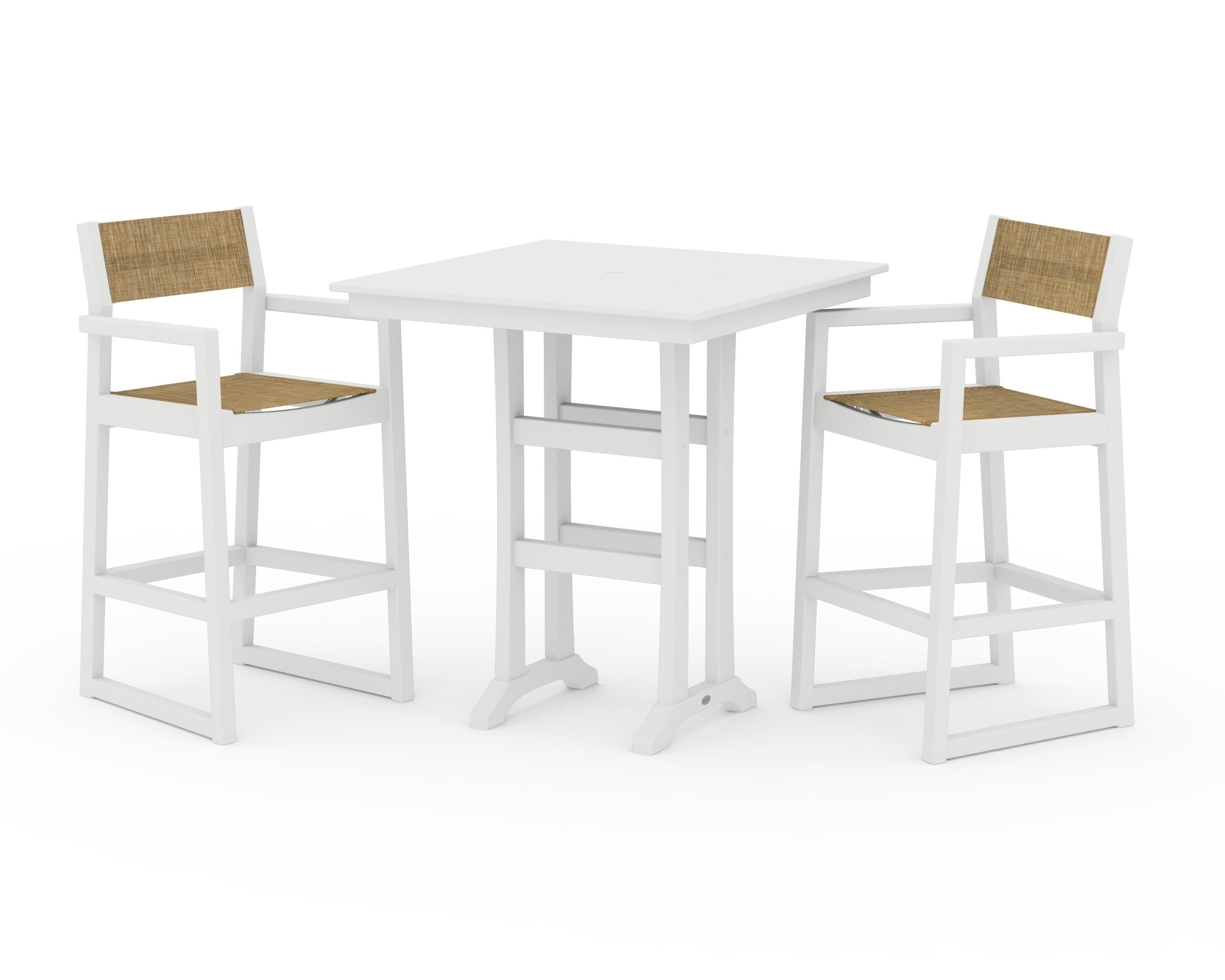 POLYWOOD EDGE Sling Arm Chair 3-Piece Farmhouse Bar Set with Trestle Legs in White / Burlap Sling