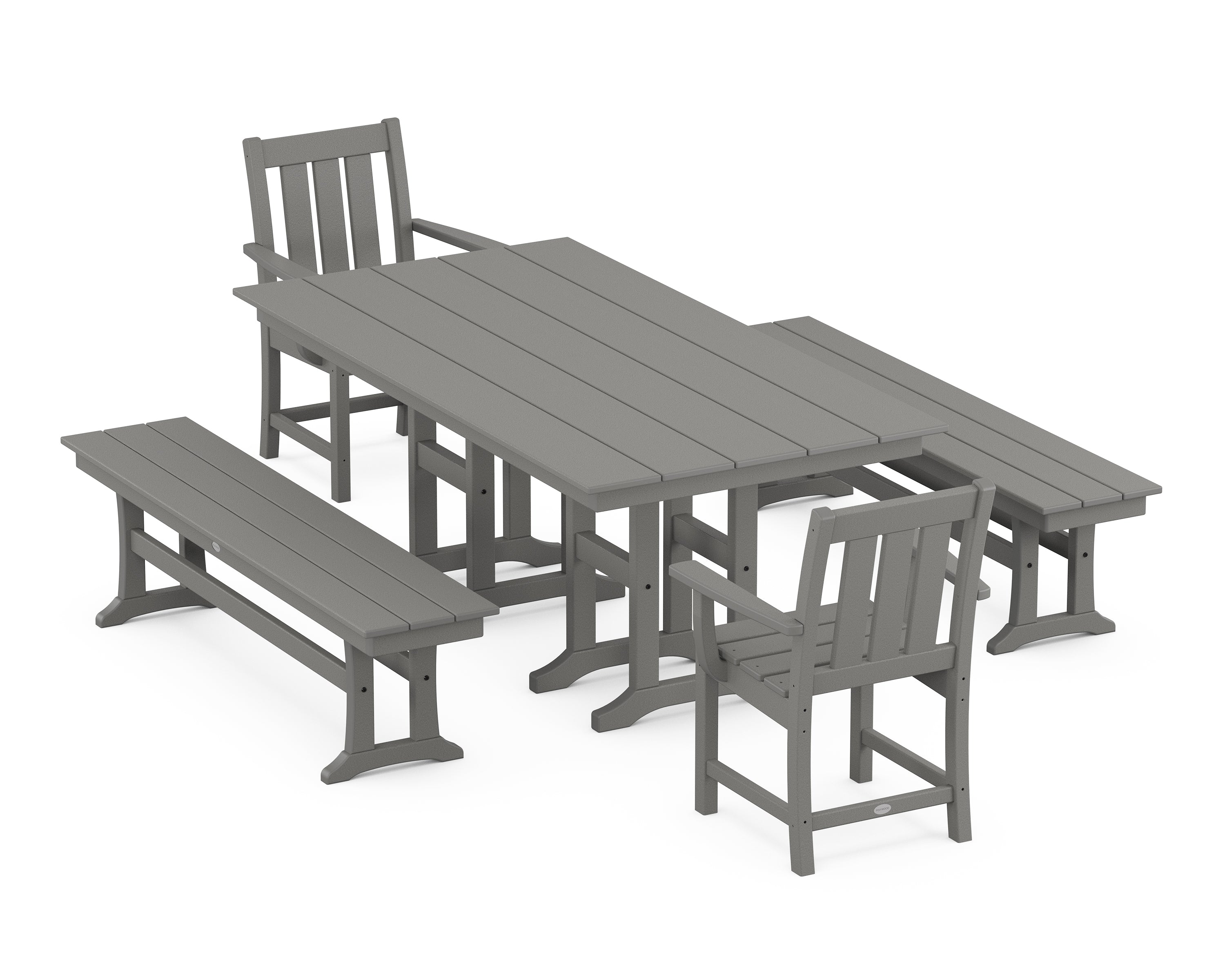 POLYWOOD® Oxford 5-Piece Farmhouse Dining Set with Benches in Slate Grey