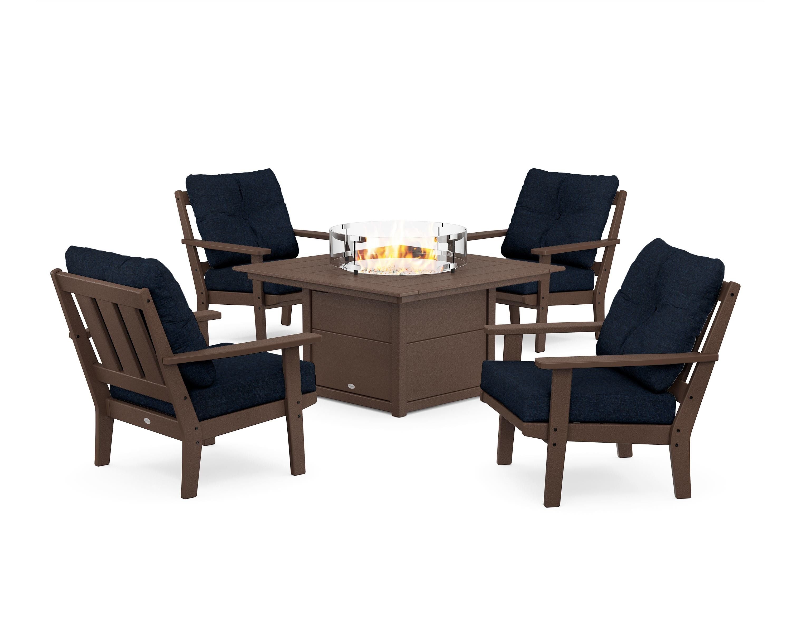 POLYWOOD Oxford 5-Piece Deep Seating Set with Fire Pit Table in Mahogany / Marine Indigo