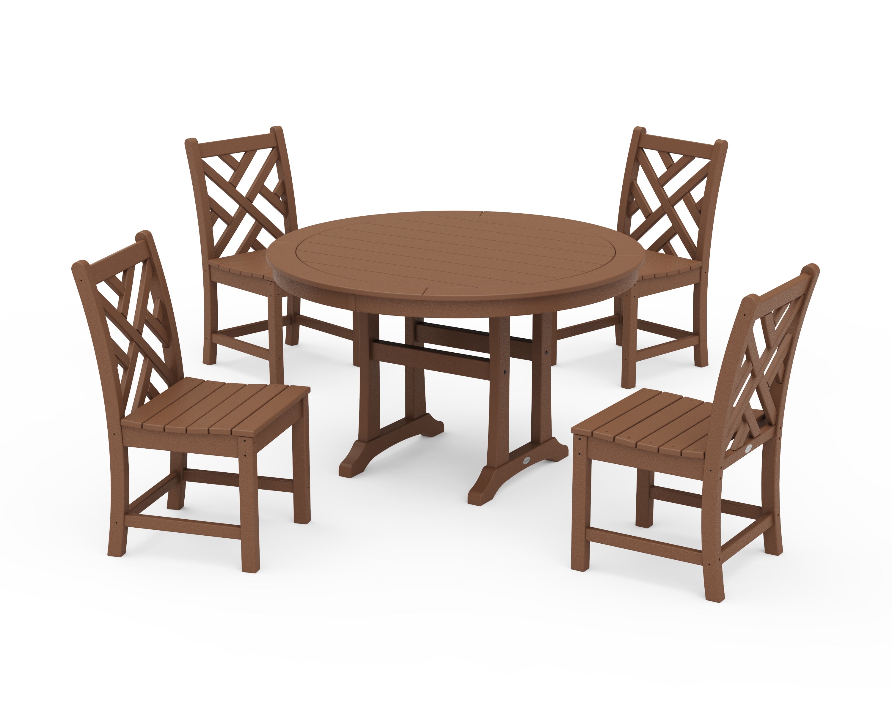 POLYWOOD Chippendale Side Chair 5-Piece Round Dining Set With Trestle Legs in Teak