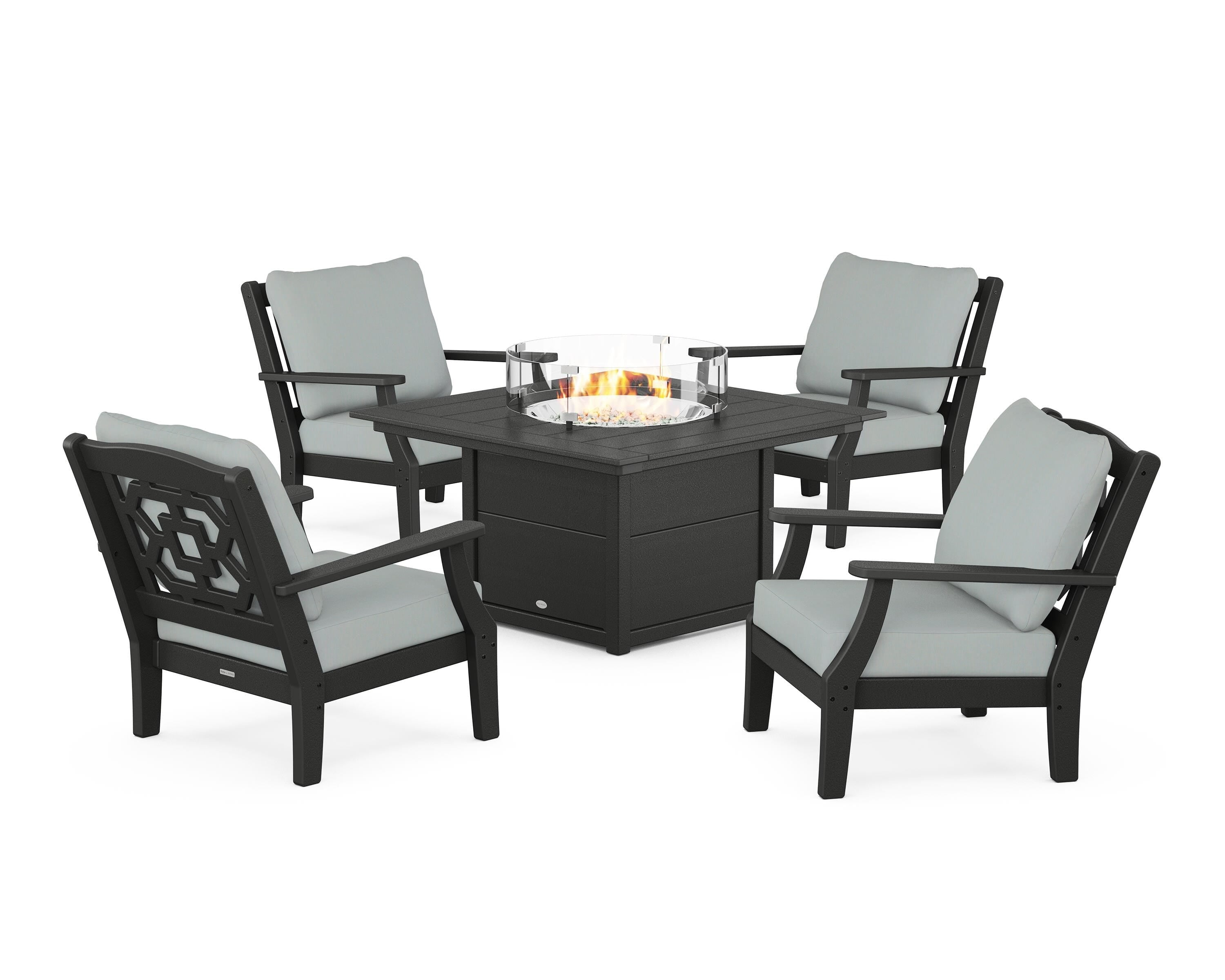 Martha Stewart by POLYWOOD Chinoiserie 5-Piece Deep Seating Set with Fire Pit Table in Black / Spa