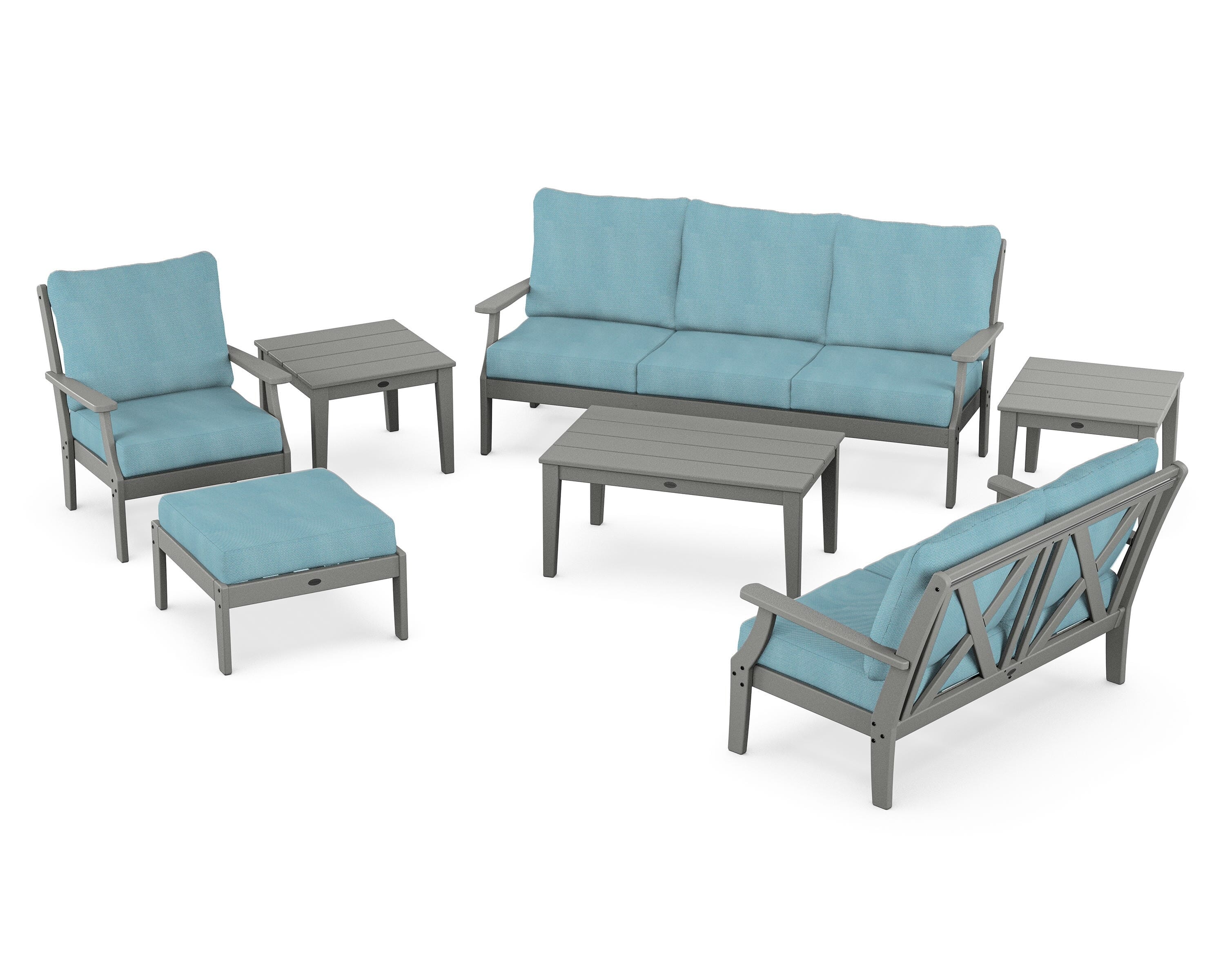 POLYWOOD Braxton 7-Piece Deep Seating Set in Slate Grey / Lattice Sky Blue
