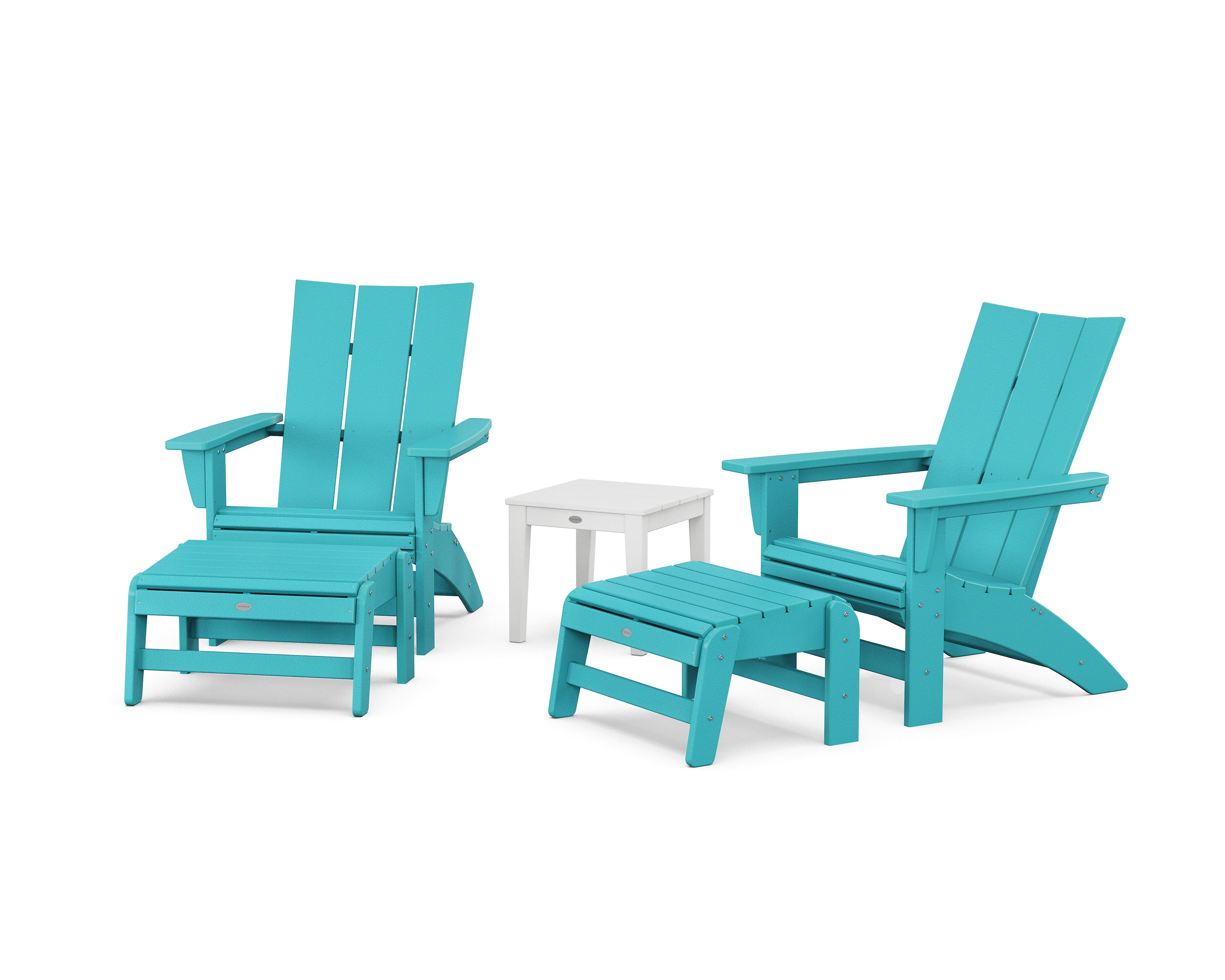 POLYWOOD® 5-Piece Modern Grand Adirondack Set with Ottomans and Side Table in Aruba / White