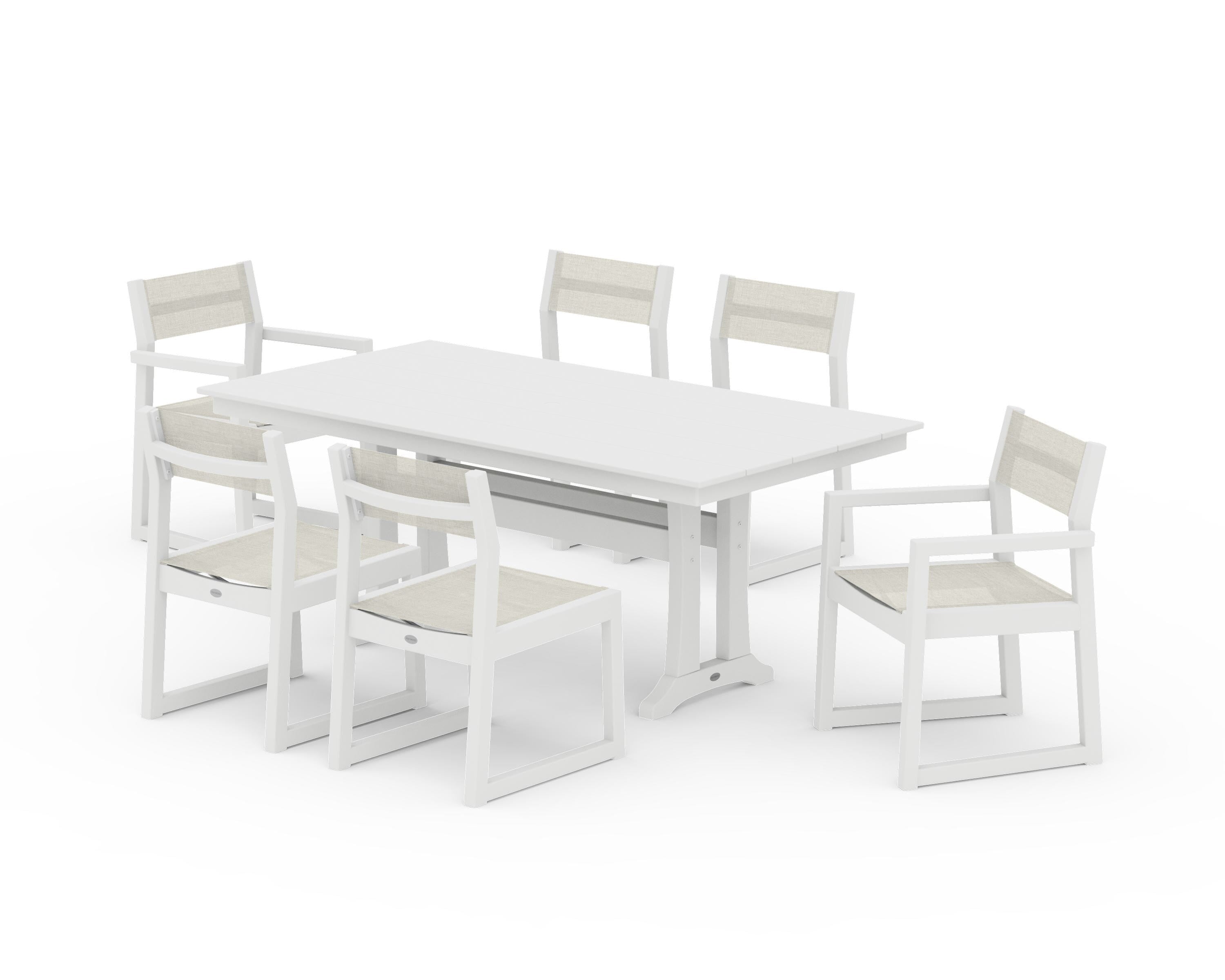 POLYWOOD EDGE Sling 7-Piece Farmhouse Trestle Dining Set in White / Parchment Sling