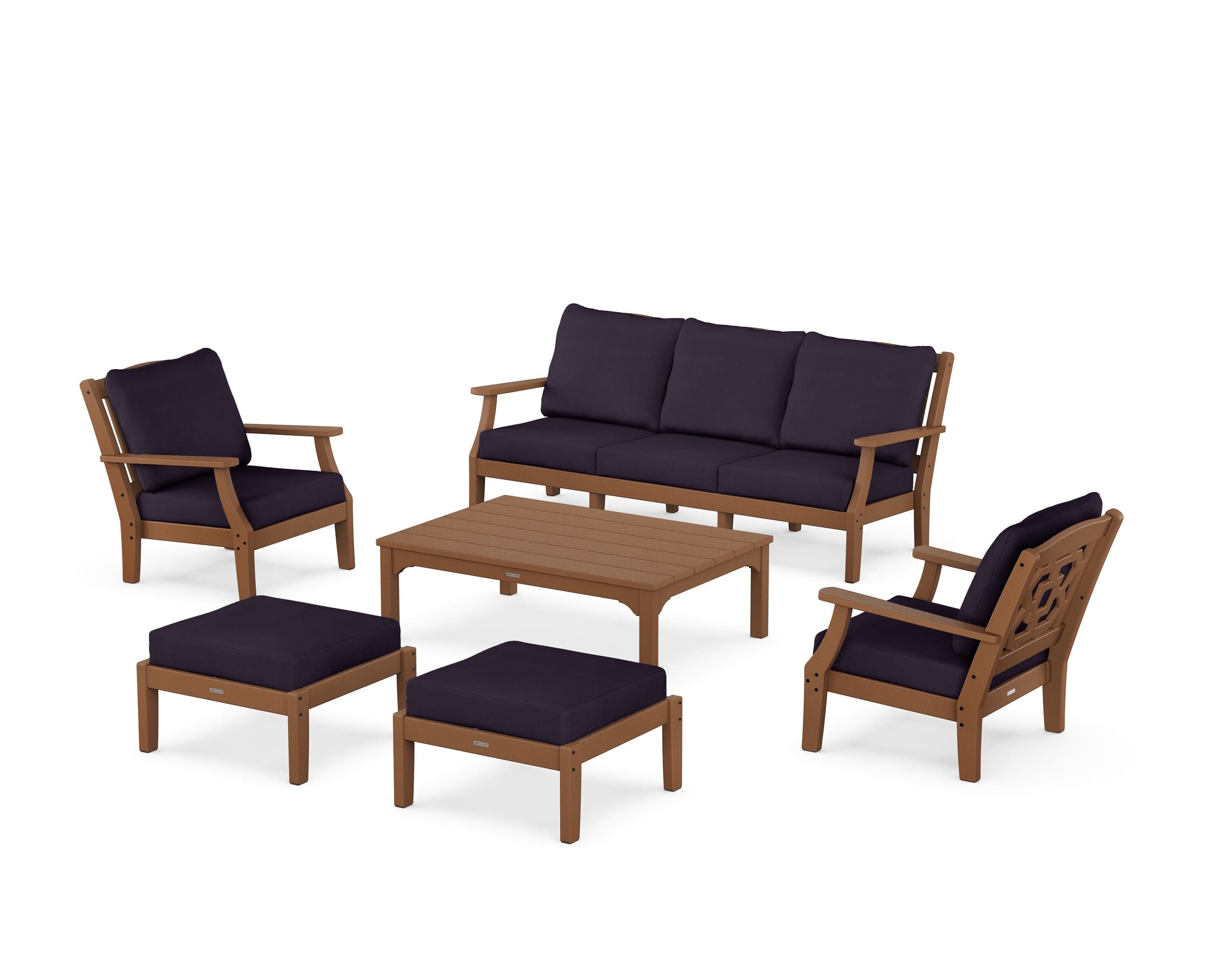 Martha Stewart by POLYWOOD Chinoiserie 6-Piece Lounge Sofa Set in Teak / Navy Linen