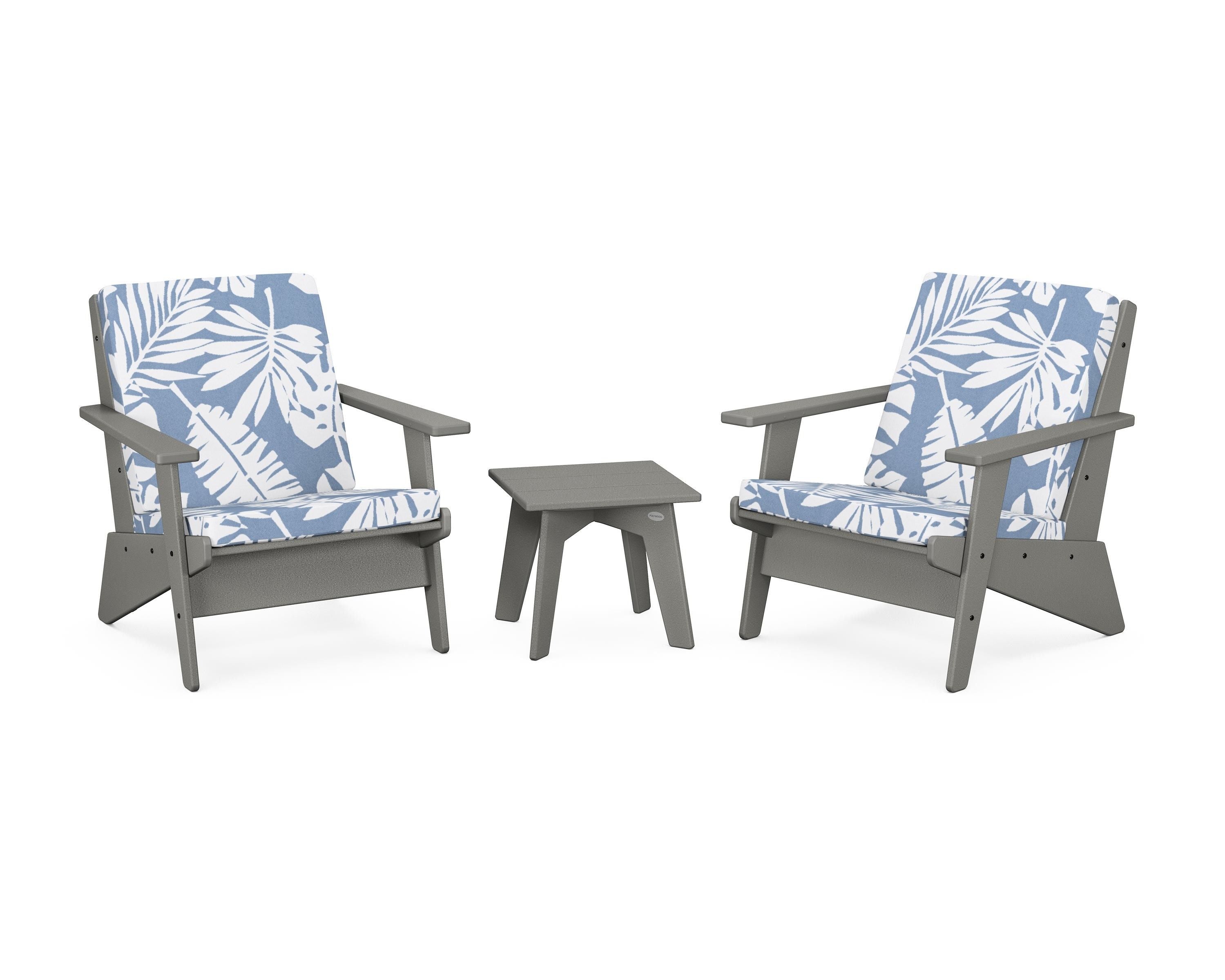 POLYWOOD Riviera Modern Lounge 3-Piece Set in Slate Grey / Leaf Sky Blue