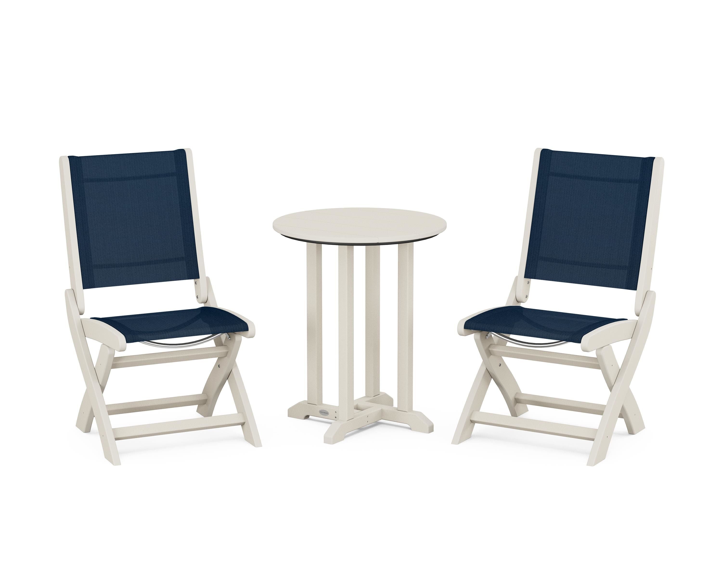 POLYWOOD Coastal Folding Side Chair 3-Piece Round Bistro Dining Set in Sand / Navy Blue Sling