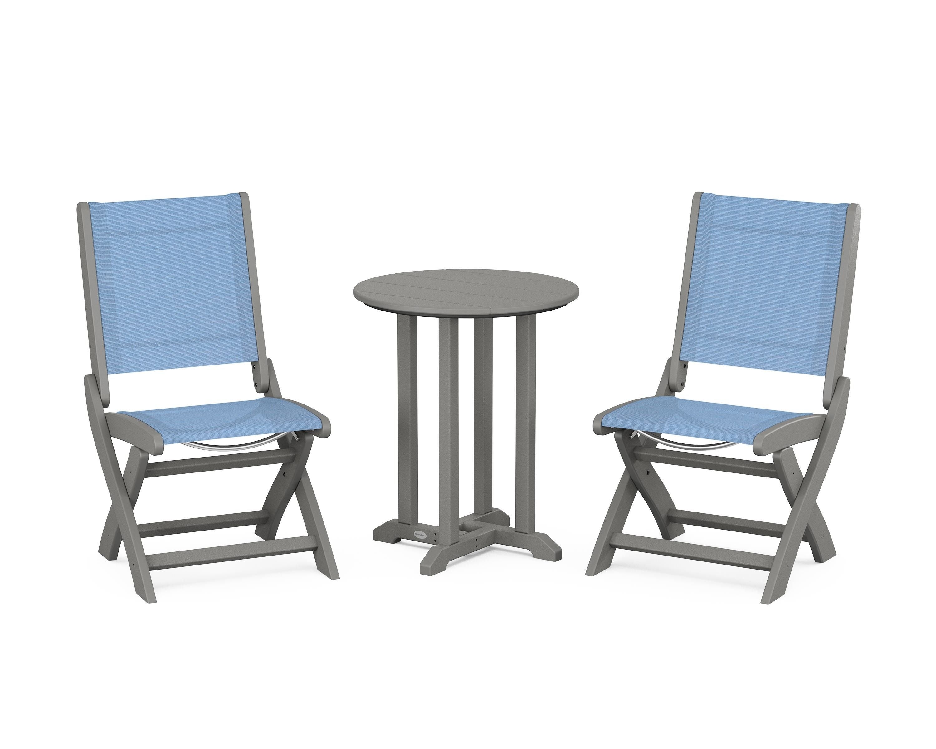 POLYWOOD Coastal Folding Side Chair 3-Piece Round Bistro Dining Set in Slate Grey / Poolside Sling