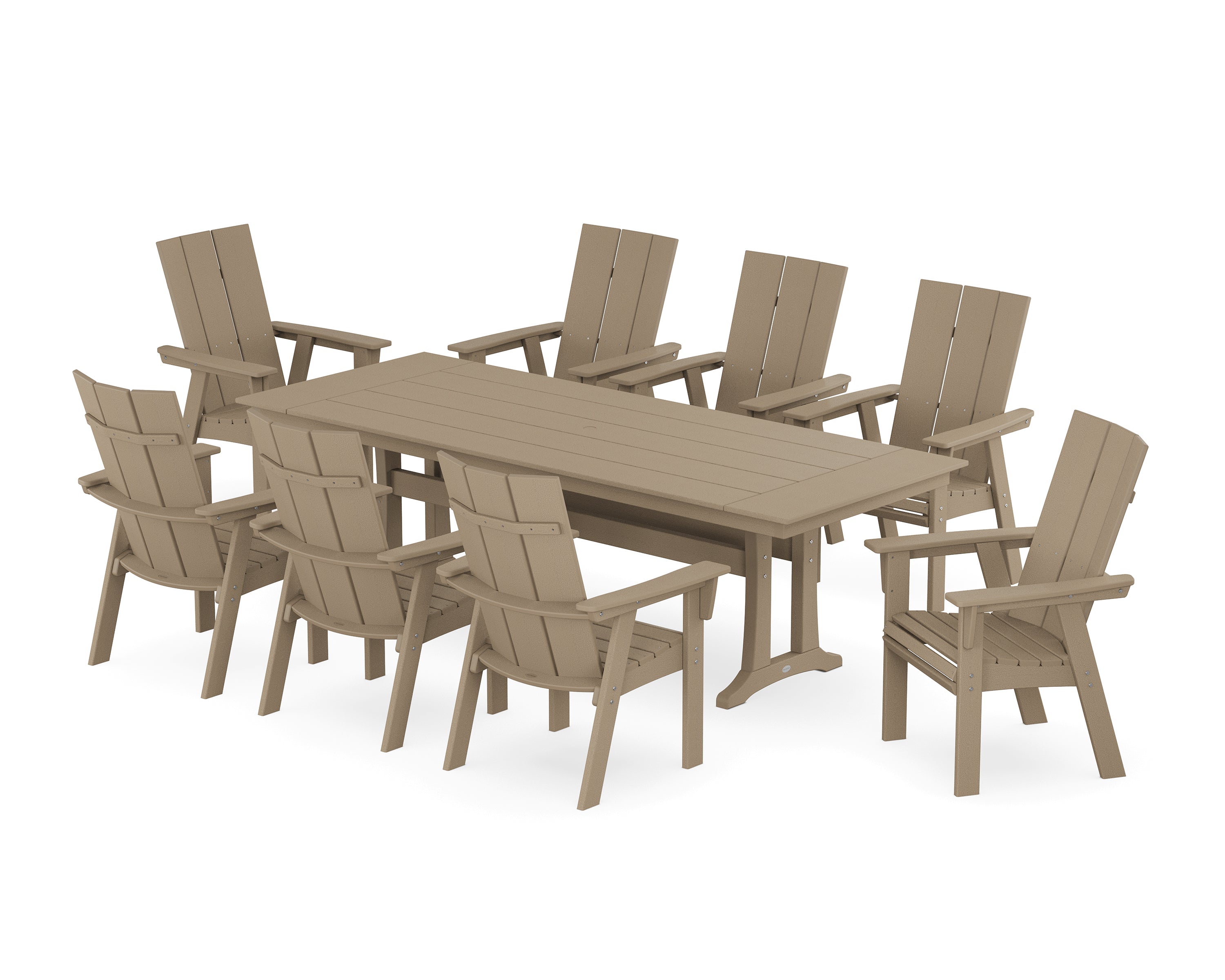 POLYWOOD® Modern Curveback Adirondack 9-Piece Farmhouse Dining Set with Trestle Legs in Vintage Sahara