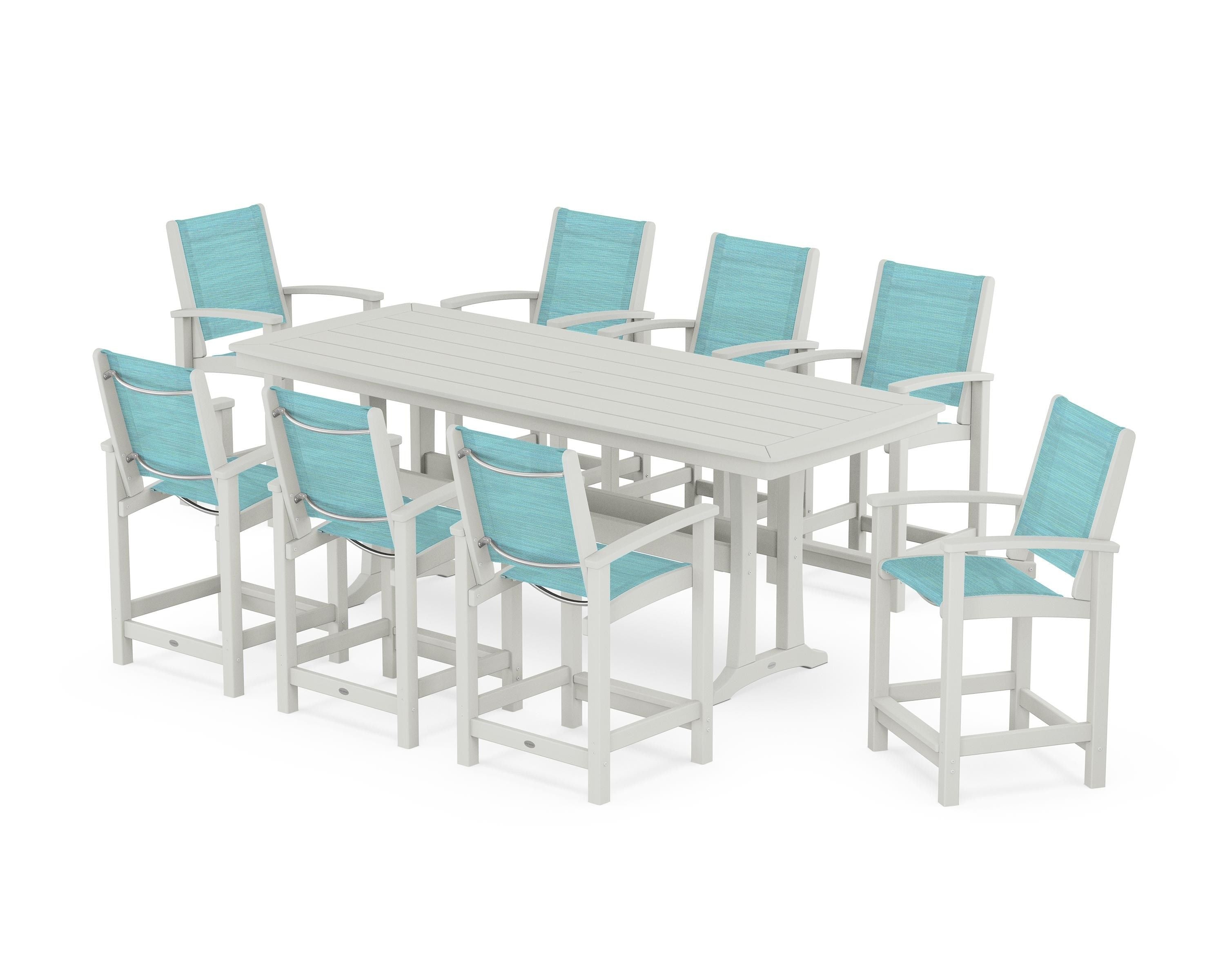 POLYWOOD Coastal 9-Piece Counter Set with Trestle Legs in Vintage White / Dupioni Aquamarine Sling