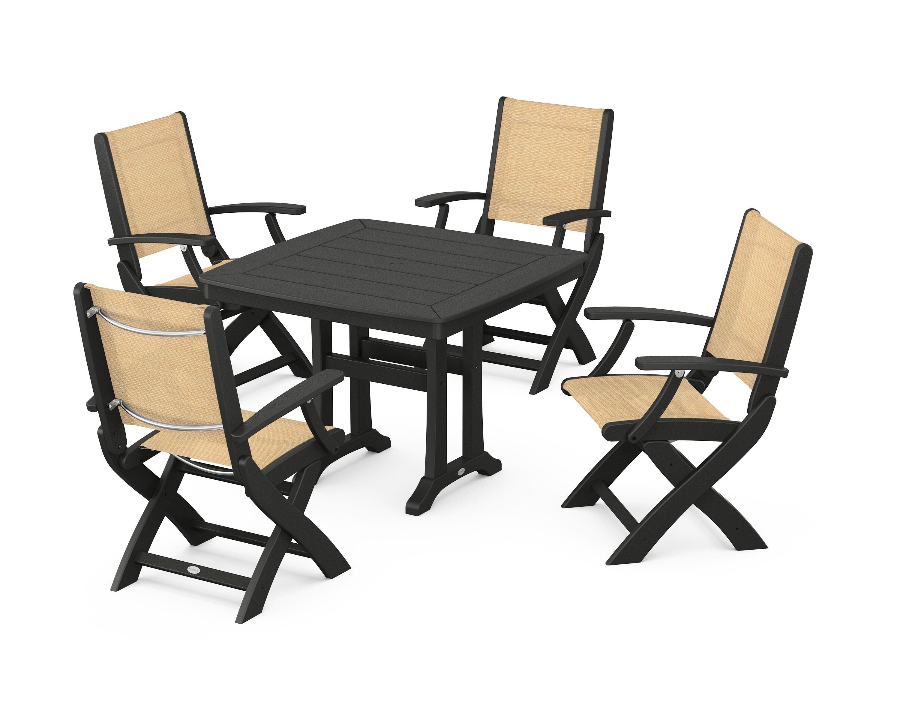 POLYWOOD Coastal Folding Chair 5-Piece Dining Set with Trestle Legs in Black / Dupioni Apricot Sling
