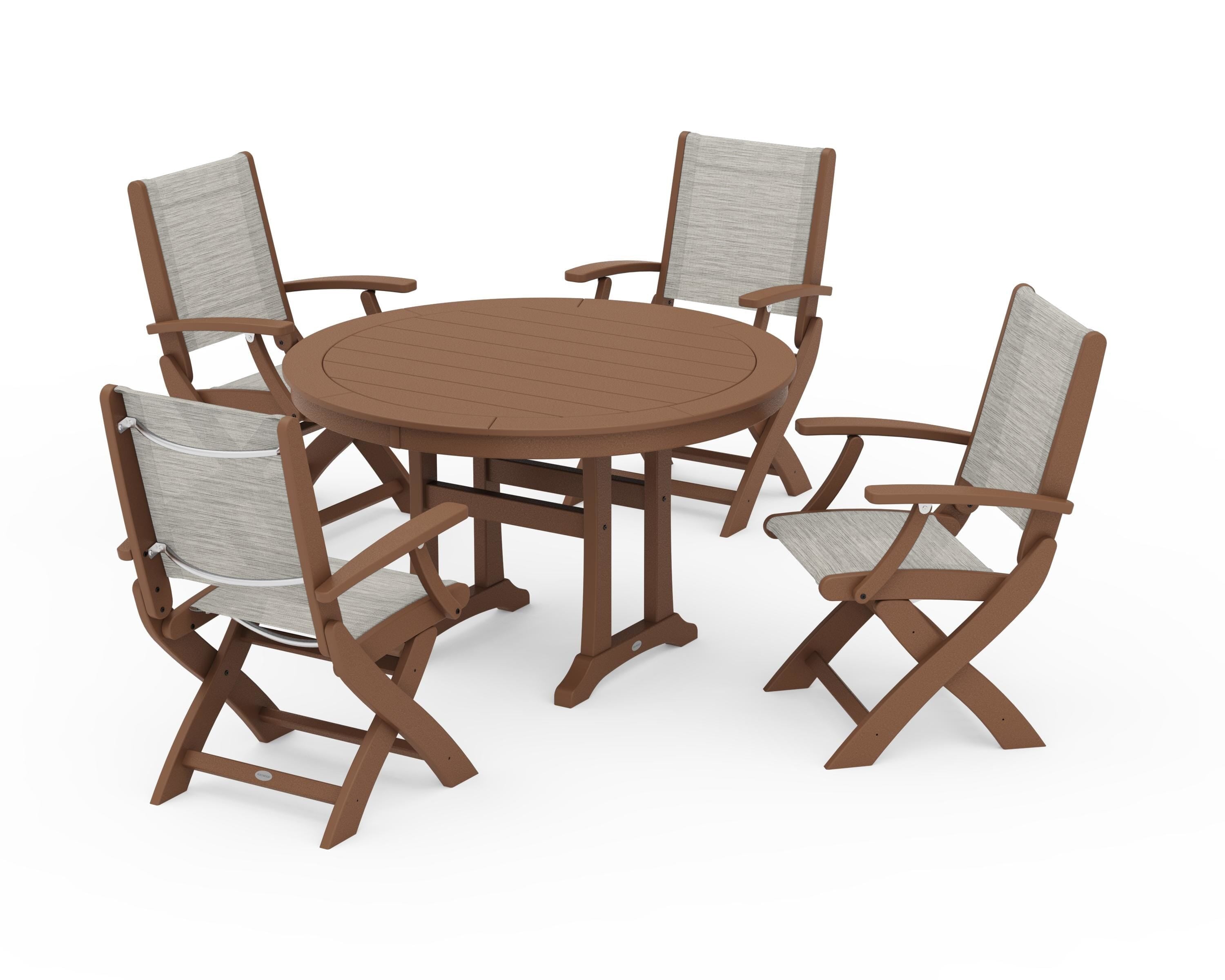 POLYWOOD Coastal Folding Chair 5-Piece Round Dining Set with Trestle Legs in Teak / Birch Sling