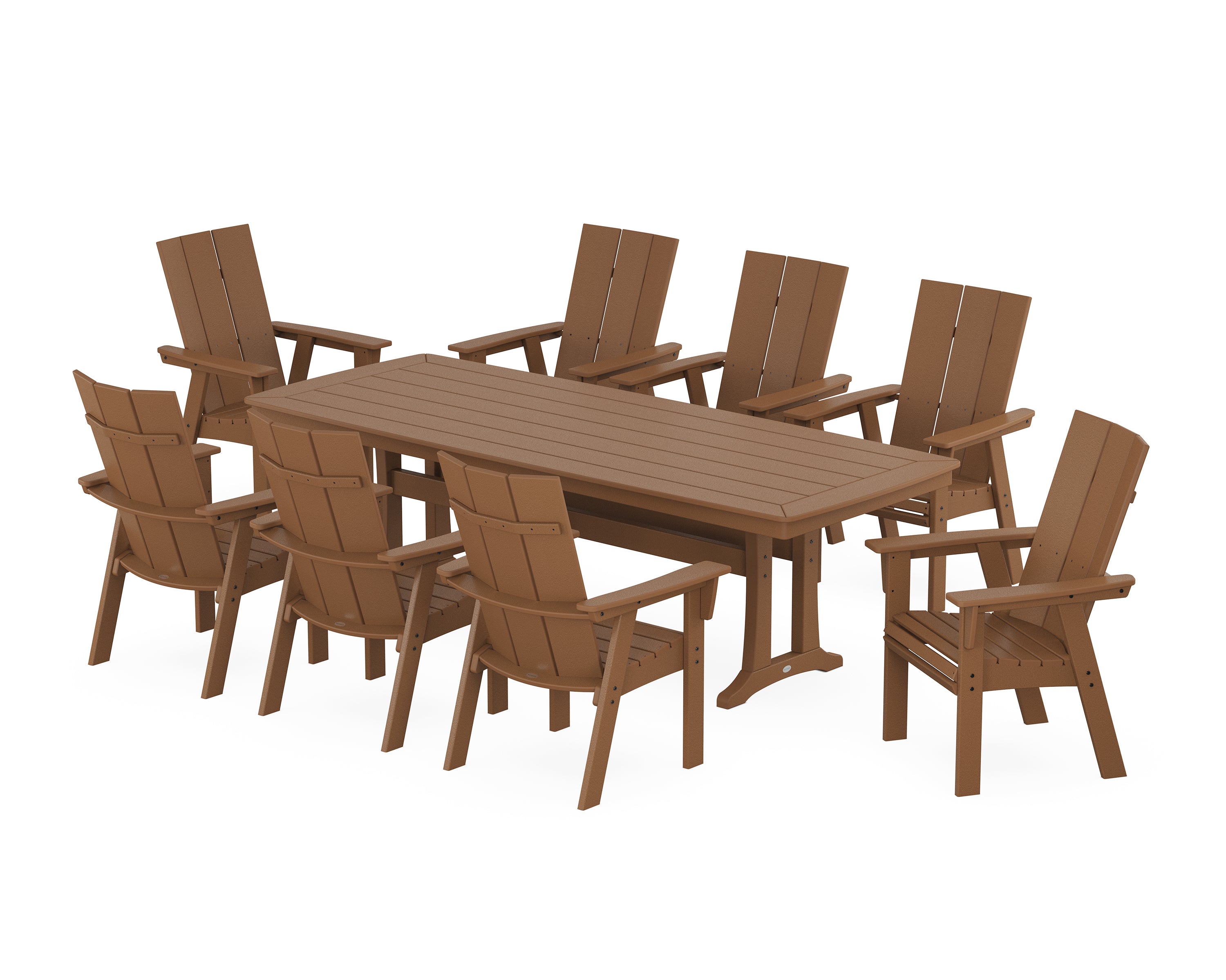 POLYWOOD® Modern Curveback Adirondack 9-Piece Dining Set with Trestle Legs in Teak