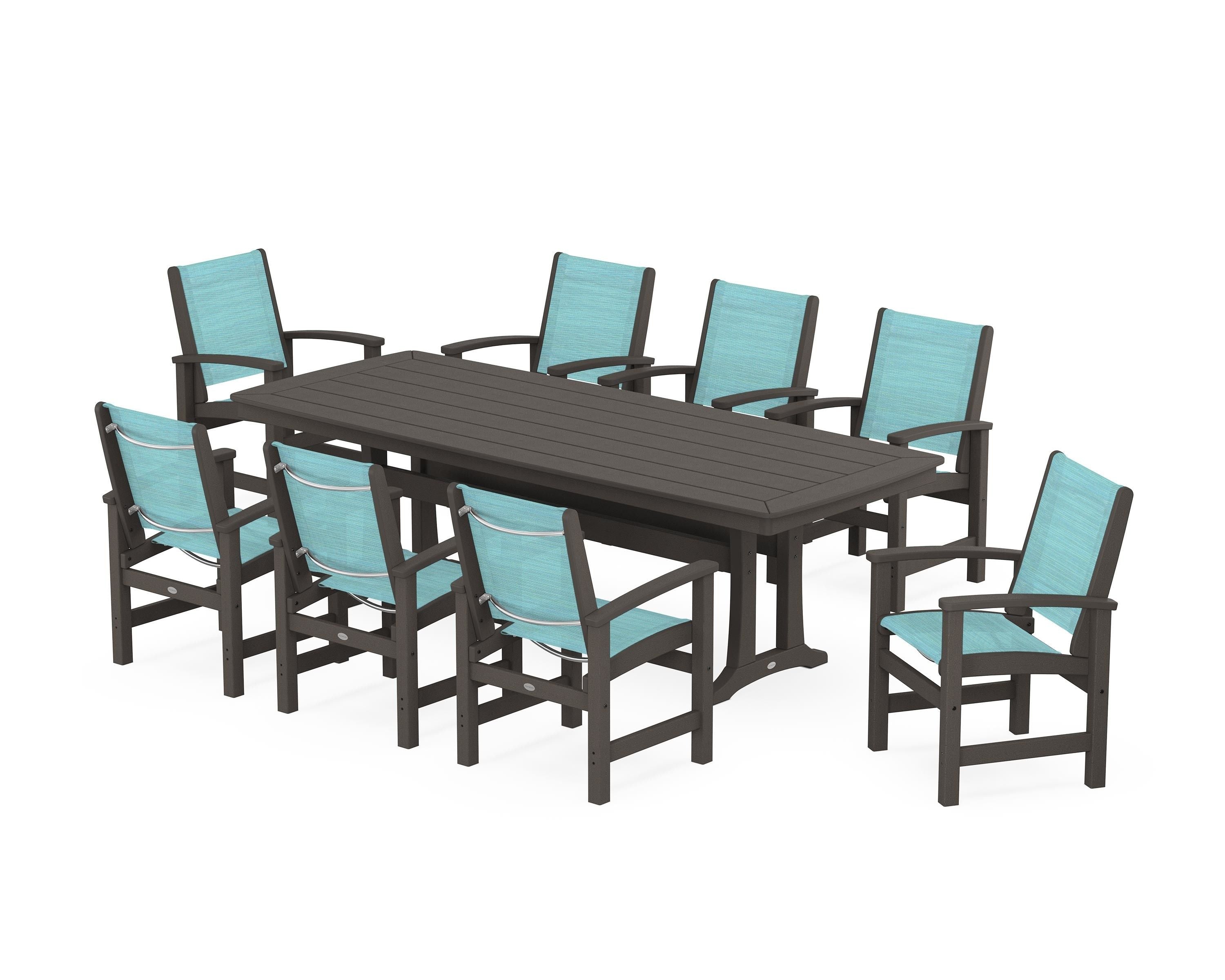 POLYWOOD Coastal 9-Piece Dining Set with Trestle Legs in Vintage Coffee / Dupioni Aquamarine Sling