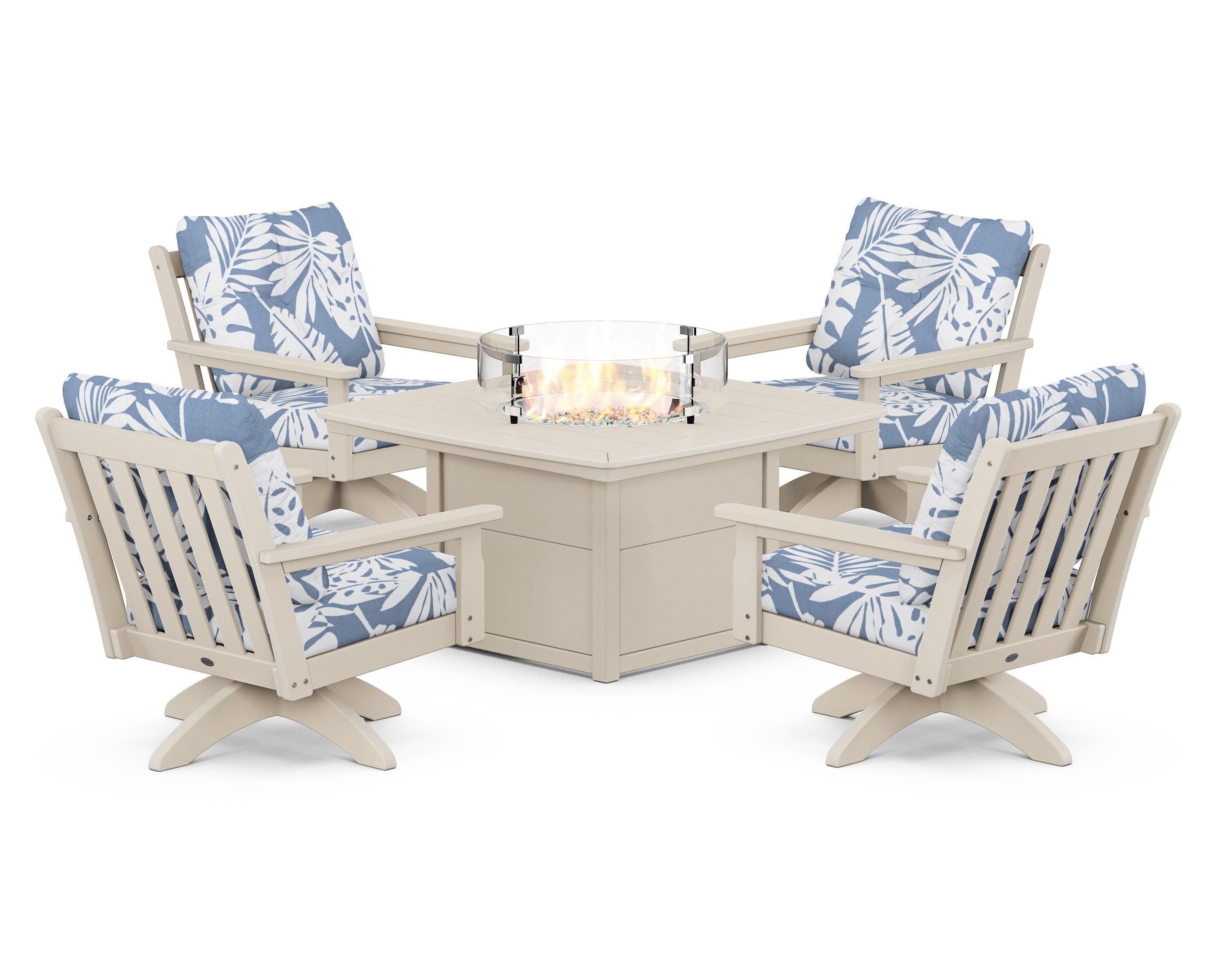 POLYWOOD Vineyard 5-Piece Deep Seating Swivel Conversation Set with Fire Pit Table in Sand / Leaf Sky Blue