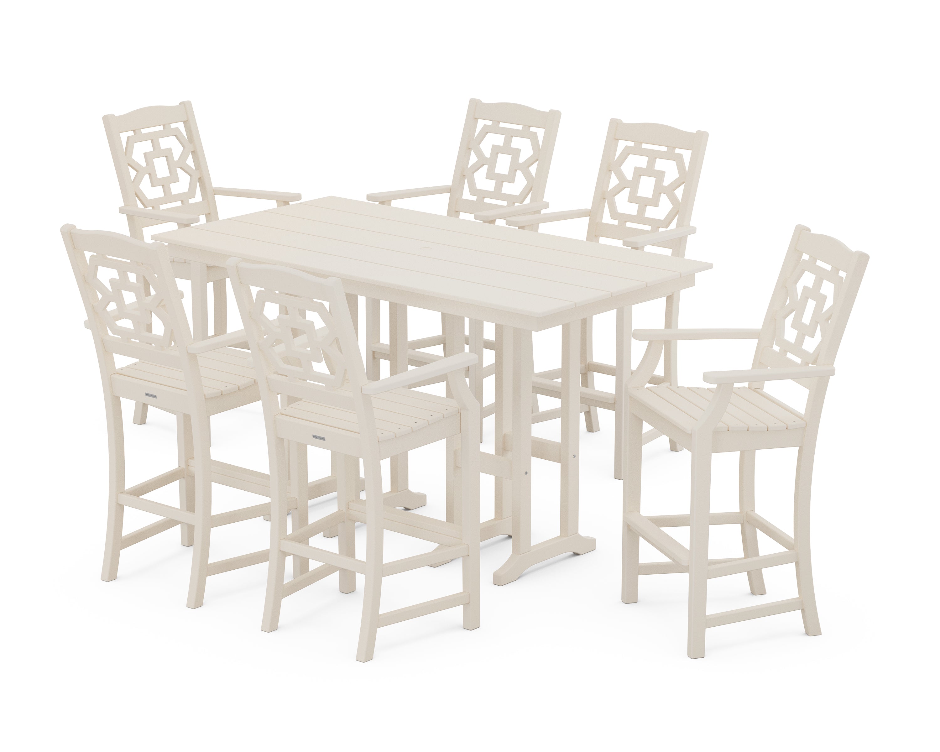 Martha Stewart by POLYWOOD Chinoiserie Arm Chair 7-Piece Farmhouse Bar Set in Sand