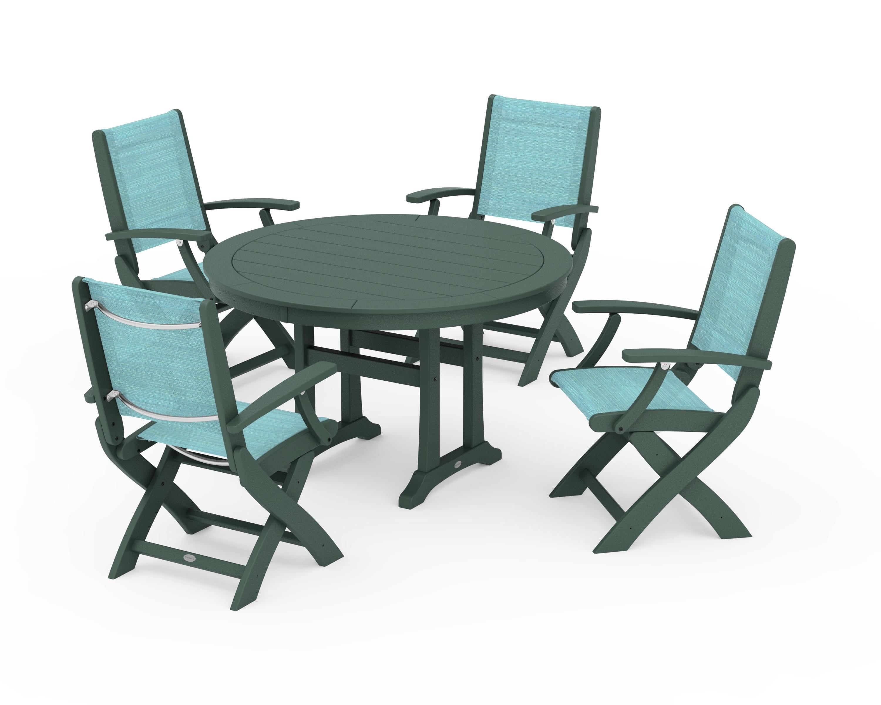 POLYWOOD Coastal Folding Chair 5-Piece Round Dining Set with Trestle Legs in Green / Dupioni Aquamarine Sling