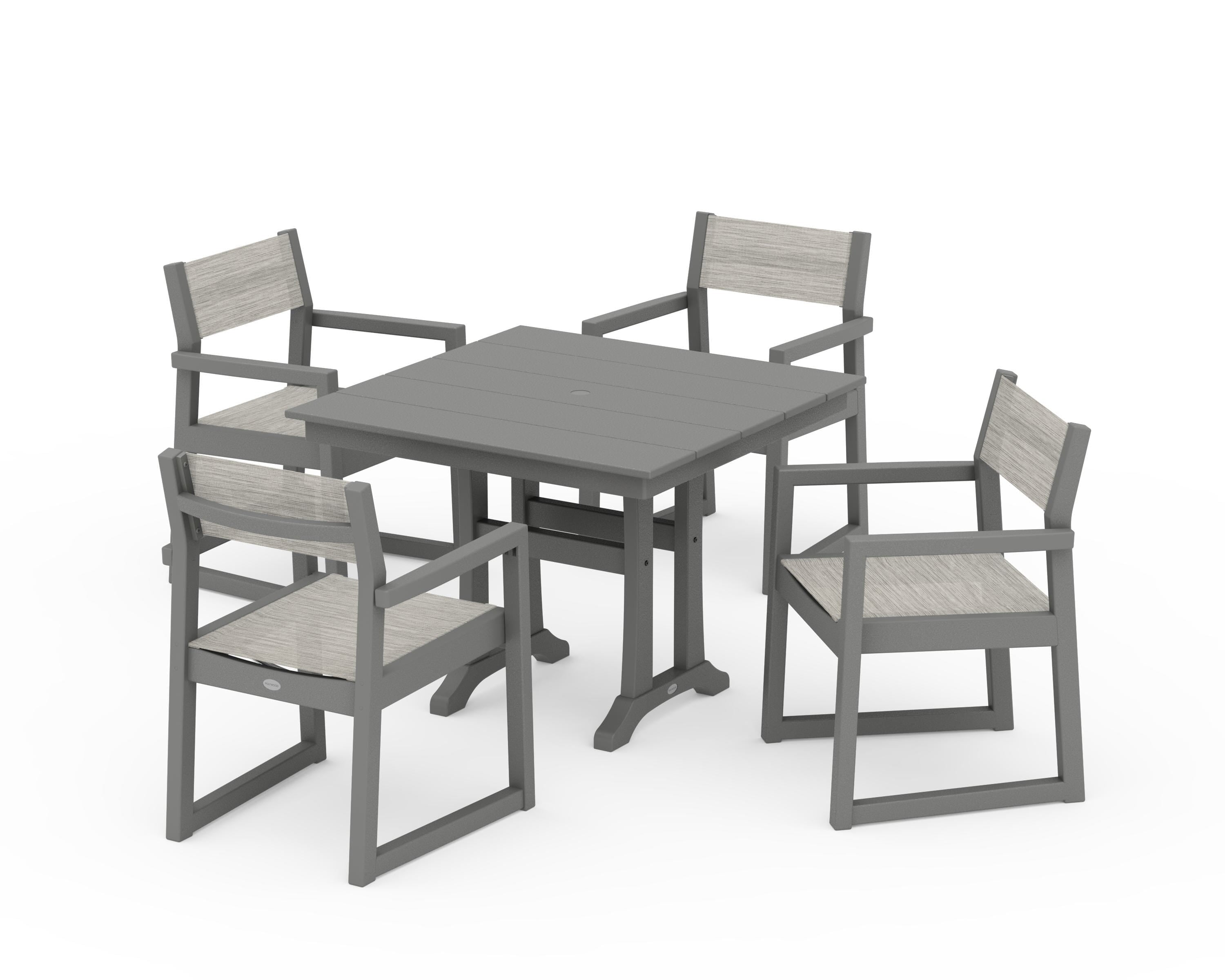 POLYWOOD EDGE Sling 5-Piece Farmhouse Dining Set with Trestle Legs in Slate Grey / Birch Sling