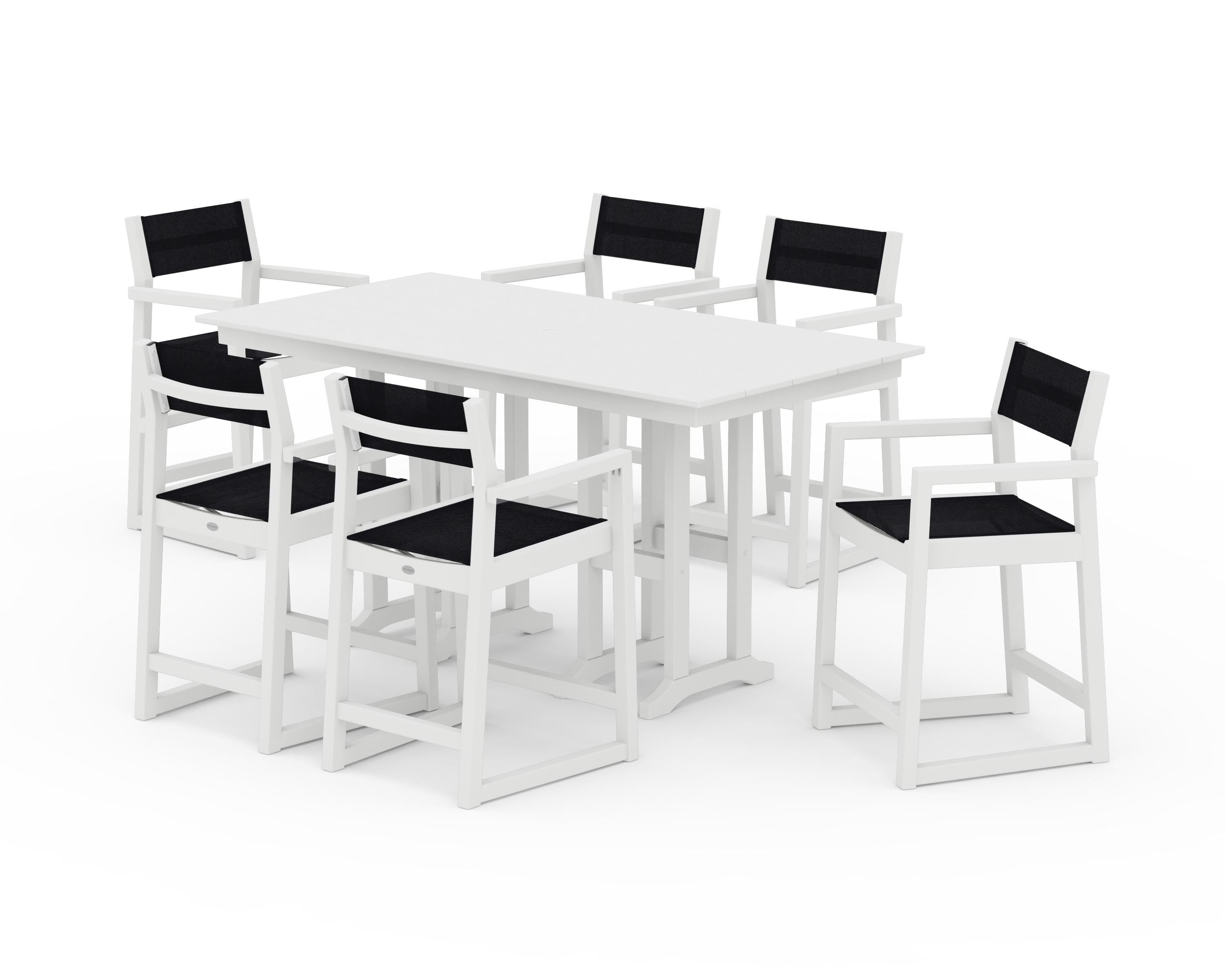 POLYWOOD EDGE Sling Arm Chair 7-Piece Farmhouse Counter Set in White / Black Sling