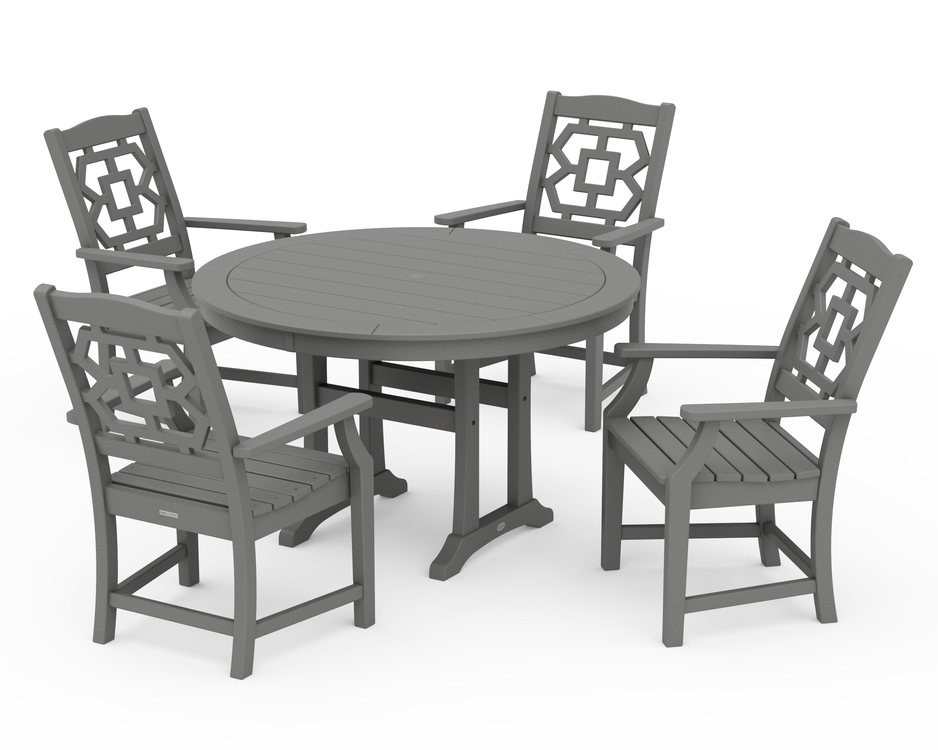 Martha Stewart by POLYWOOD Chinoiserie 5-Piece Round Dining Set with Trestle Legs in Slate Grey