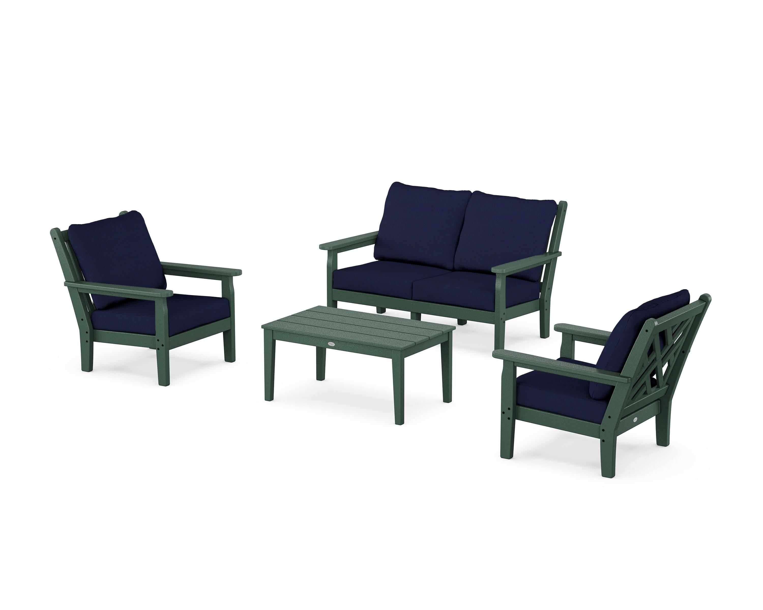 POLYWOOD Chippendale 4-Piece Deep Seating Set with Loveseat in Green / Navy
