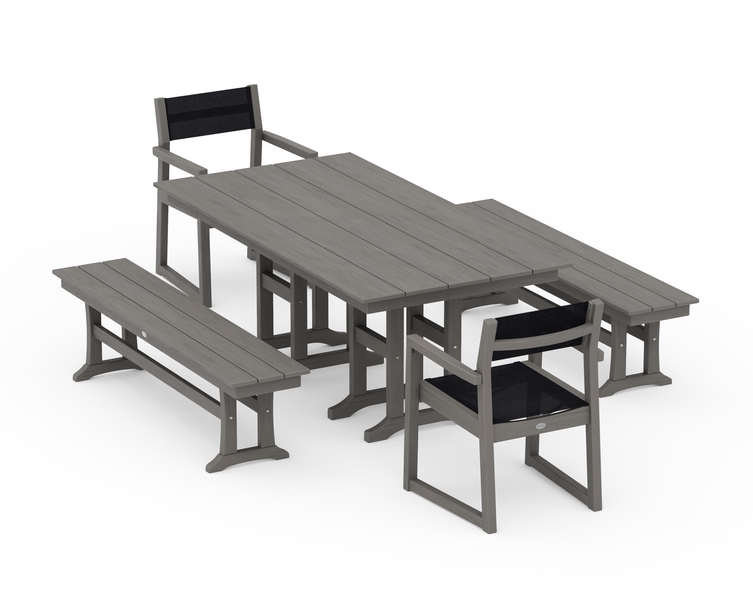 POLYWOOD EDGE Sling Arm Chair 5-Piece Farmhouse Dining Set with Benches in Driftwood / Black Sling