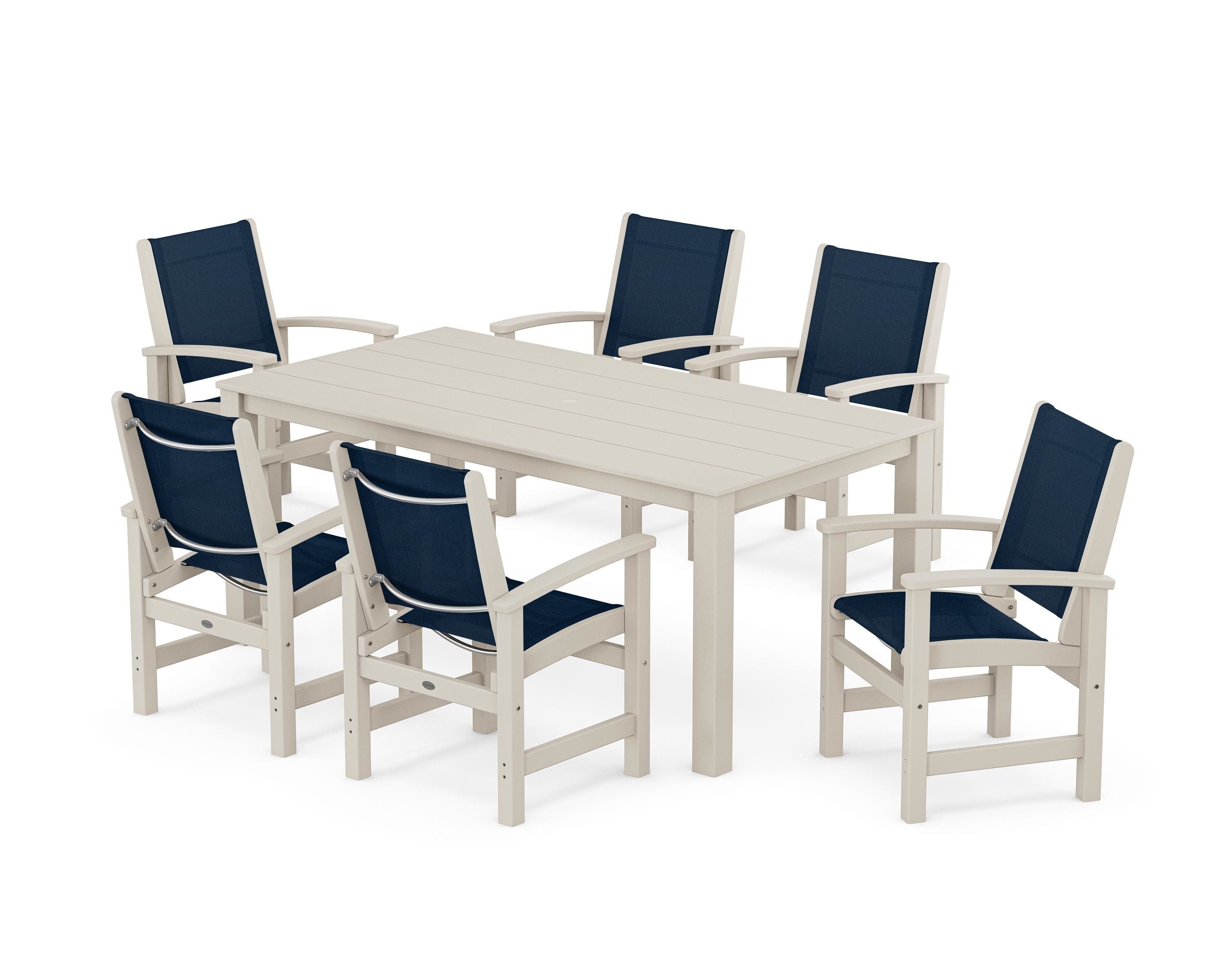 POLYWOOD Coastal 7-Piece Parsons Dining Set in Sand / Navy Blue Sling