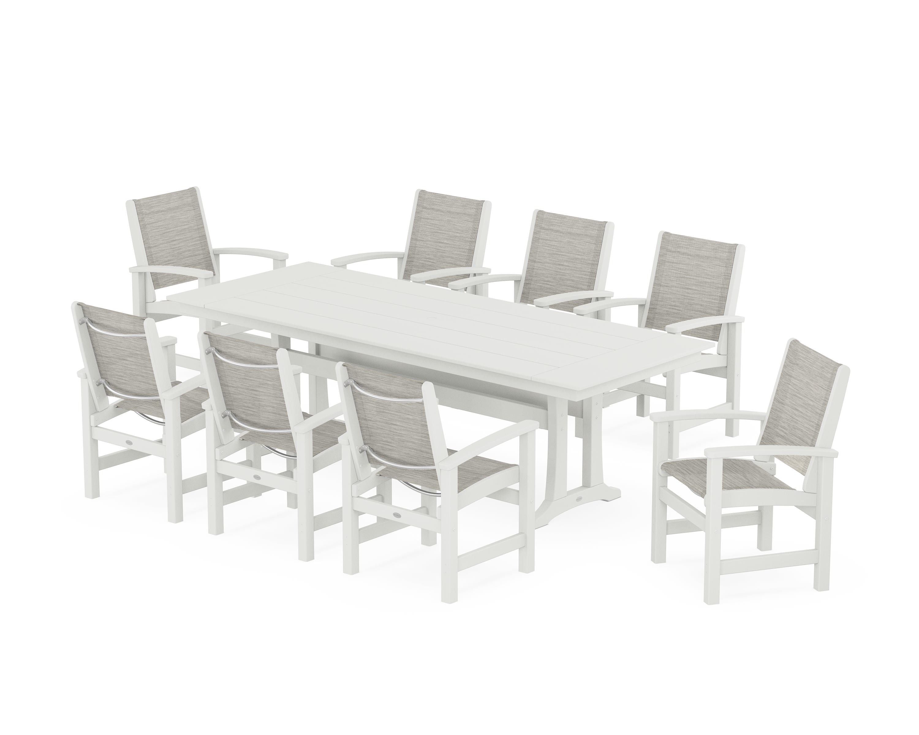 POLYWOOD Coastal 9-Piece Farmhouse Dining Set with Trestle Legs in Vintage White / Birch Sling