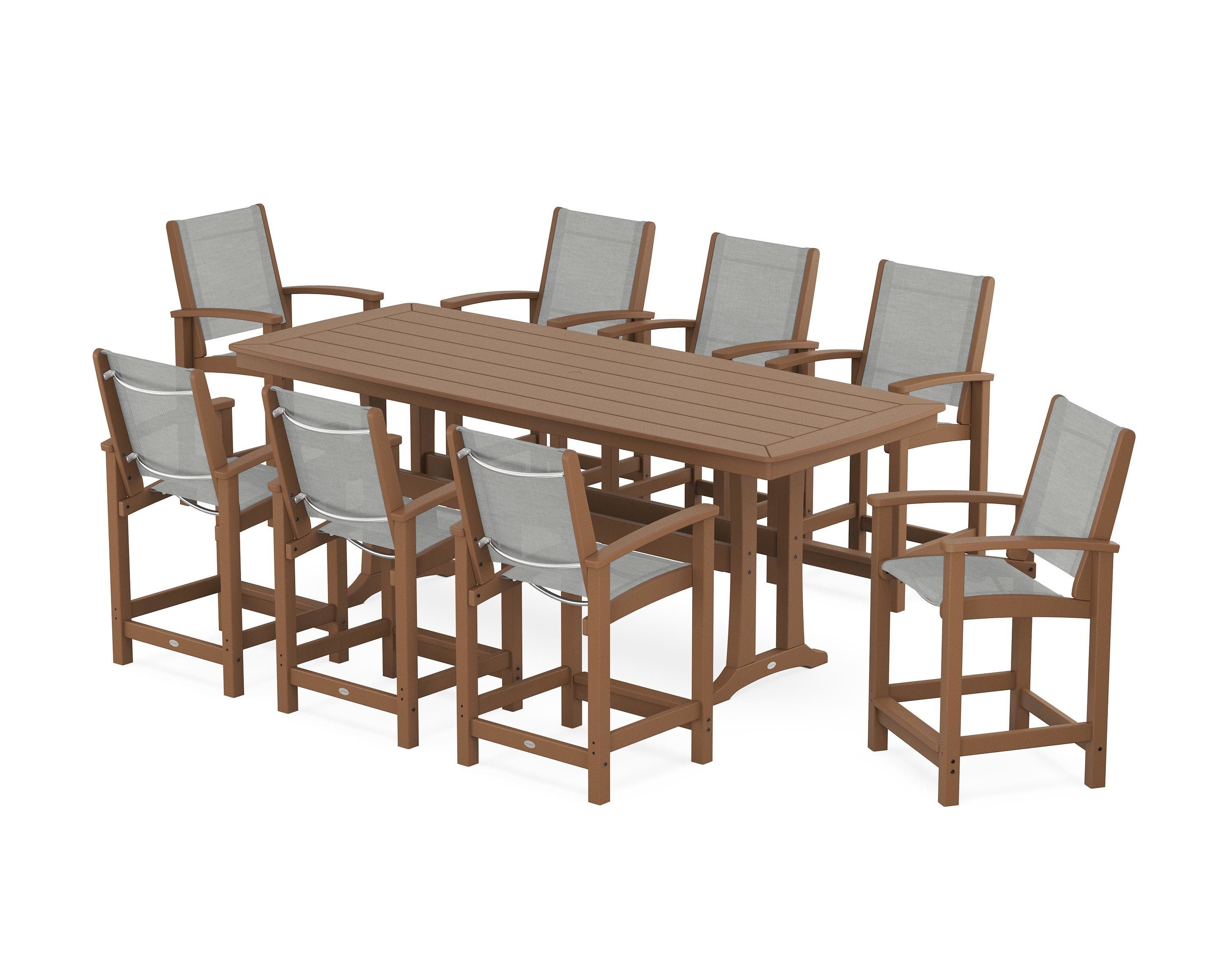 POLYWOOD Coastal 9-Piece Counter Set with Trestle Legs in Teak / Metallic Sling