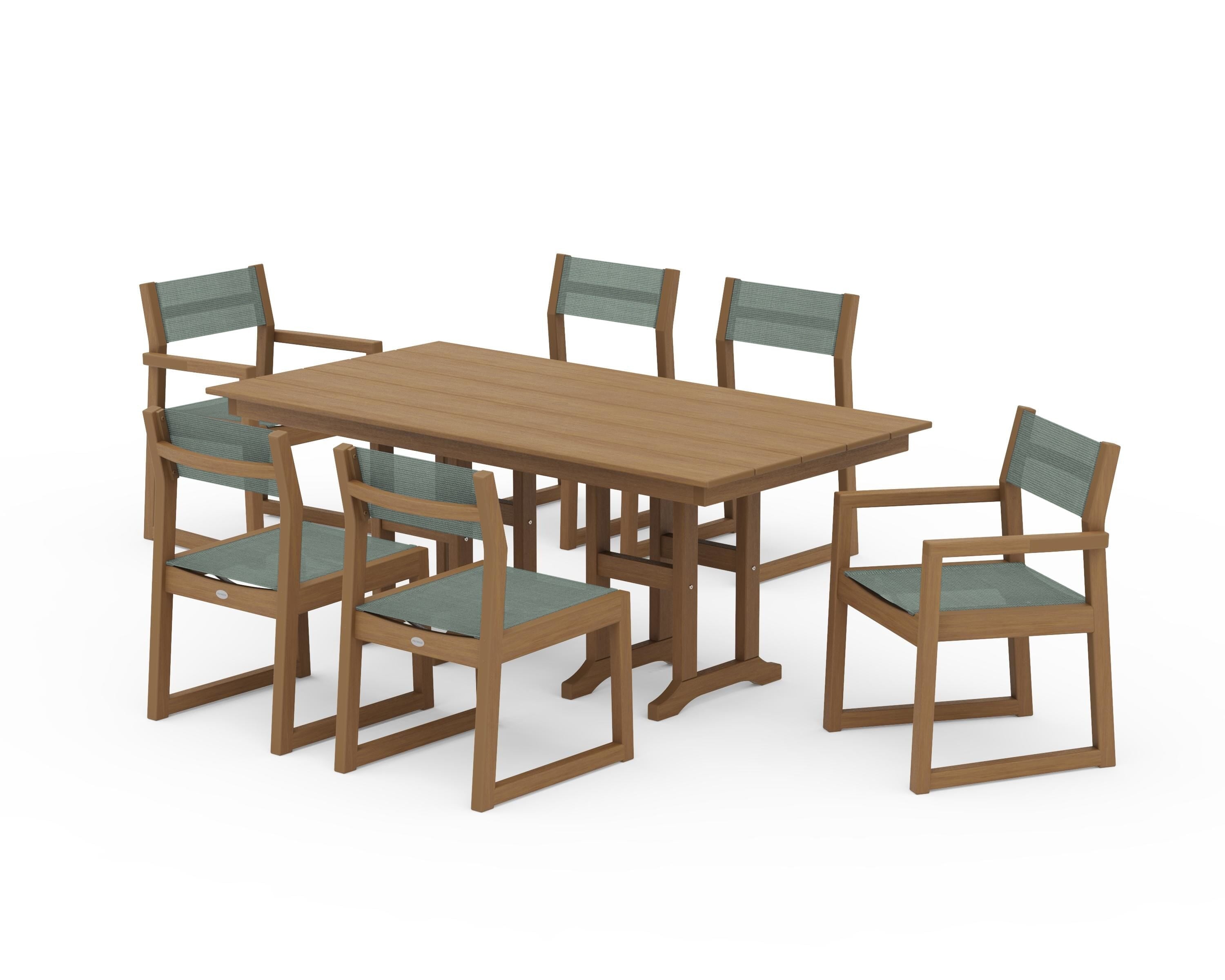 POLYWOOD EDGE Sling 7-Piece Farmhouse Dining Set in Natural / Dupioni Sea Mist Sling