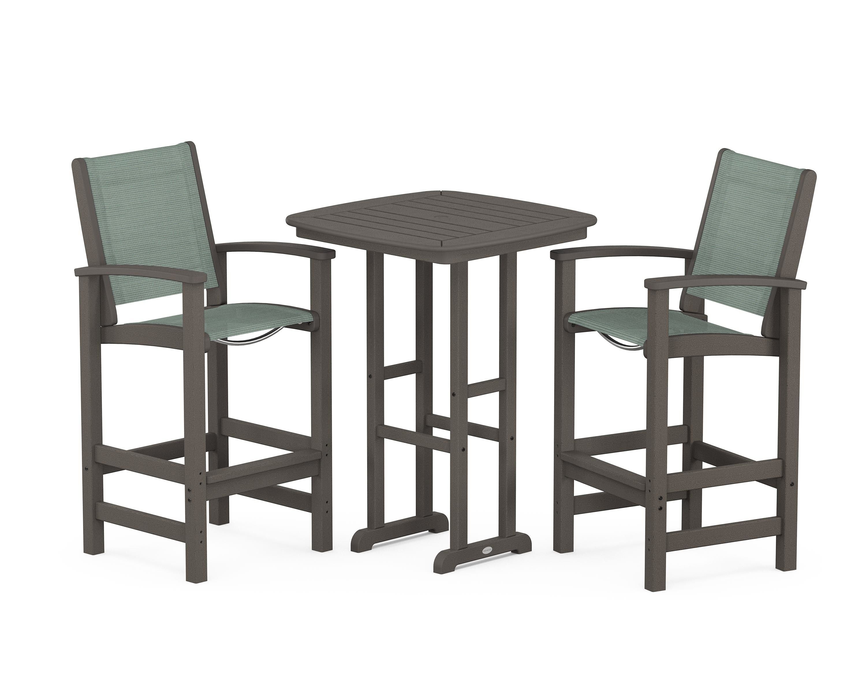 POLYWOOD Coastal 3-Piece Bar Set in Vintage Coffee / Dupioni Sea Mist Sling