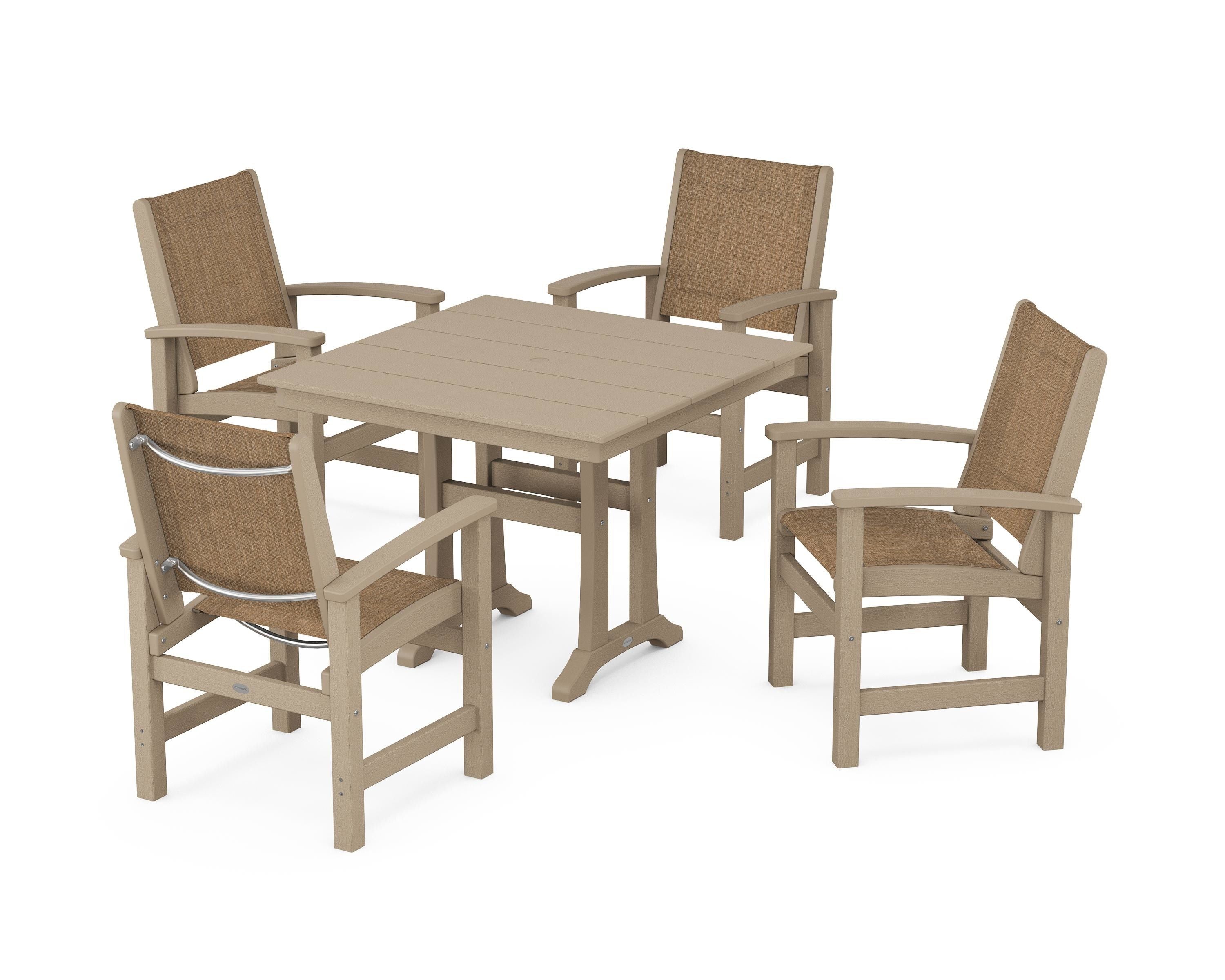 POLYWOOD Coastal 5-Piece Farmhouse Dining Set With Trestle Legs in Vintage Sahara / Burlap Sling