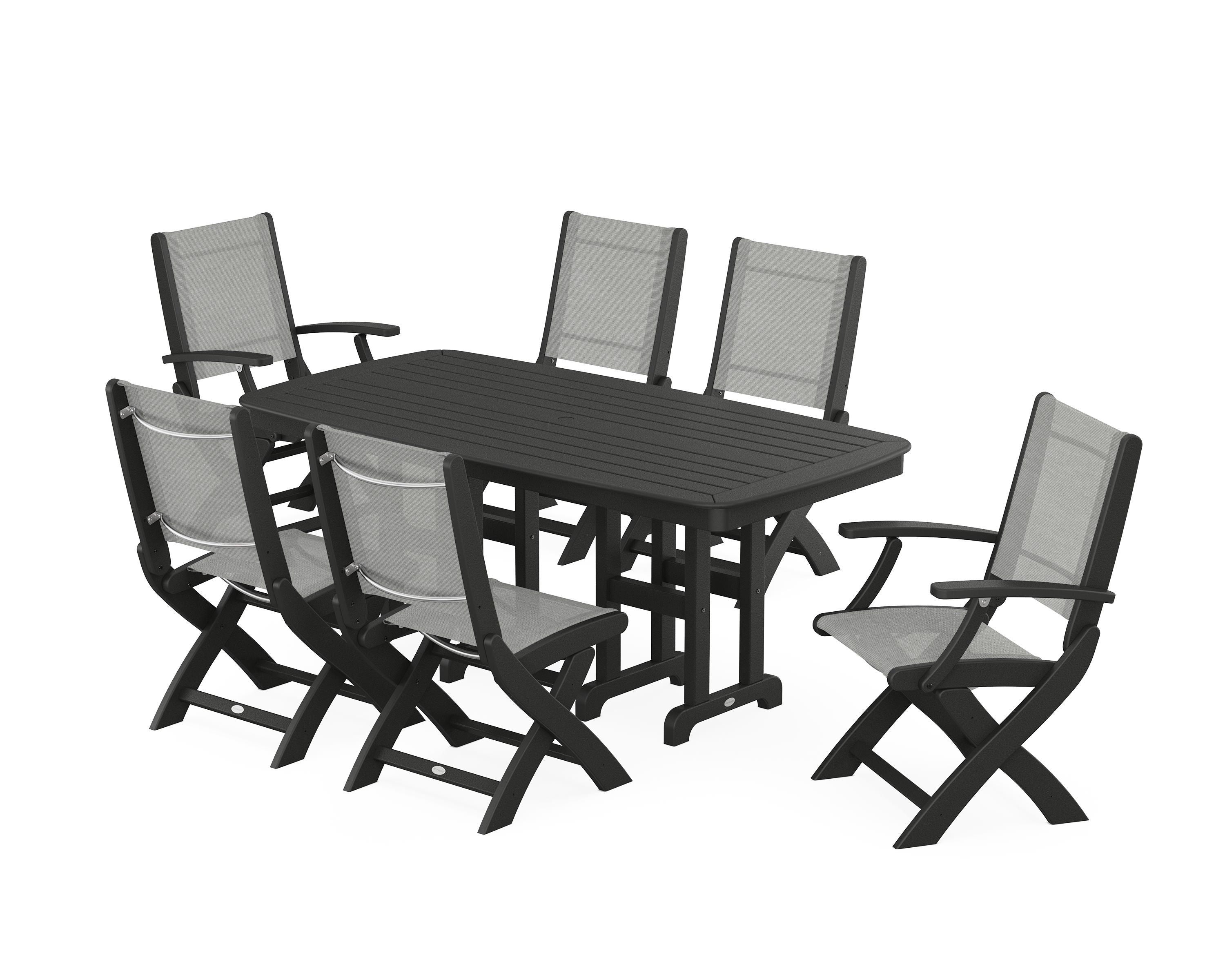 POLYWOOD Coastal Folding Chair 7-Piece Dining Set in Black / Metallic Sling