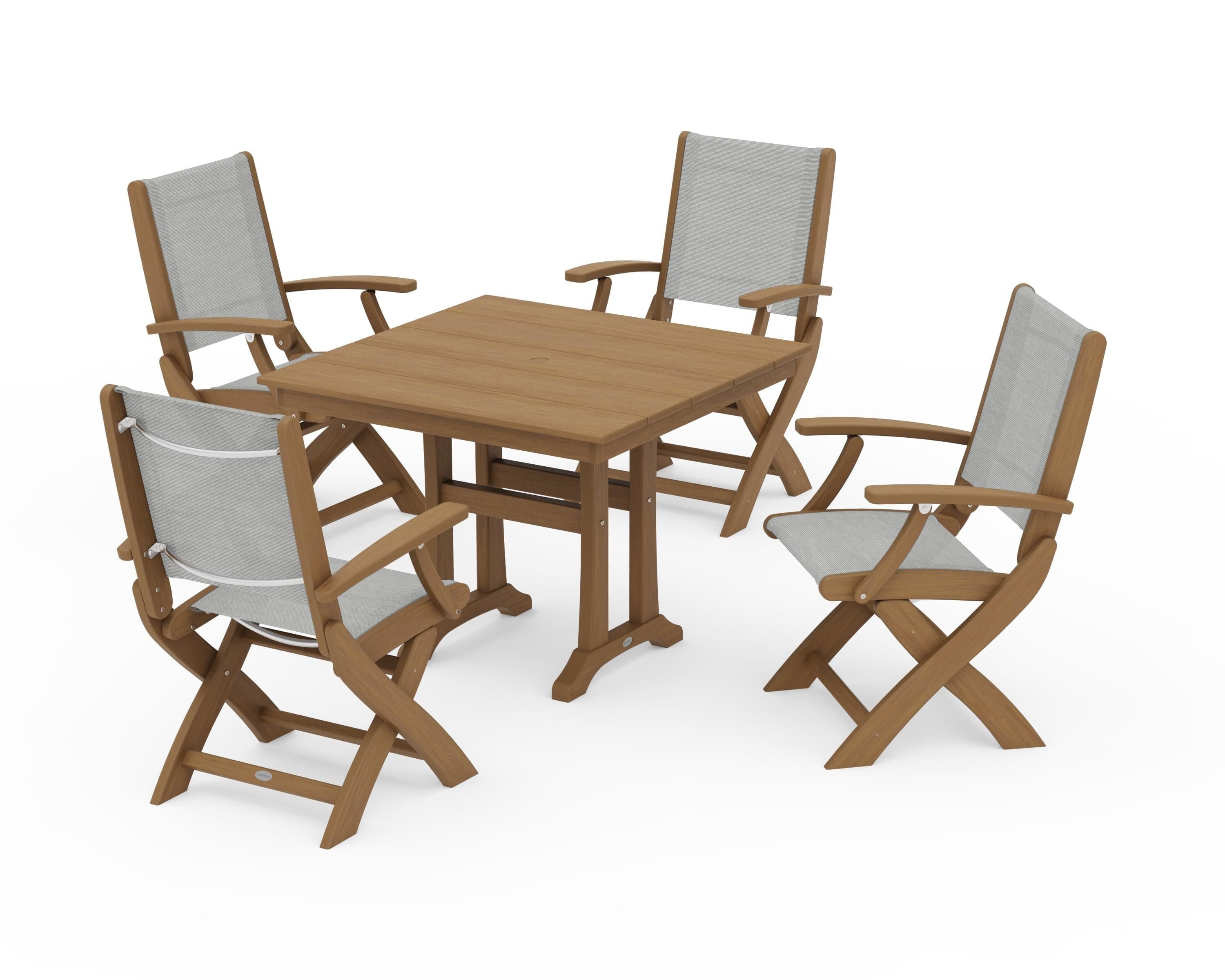 POLYWOOD Coastal Folding Chair 5-Piece Farmhouse Dining Set With Trestle Legs in Natural / Metallic Sling