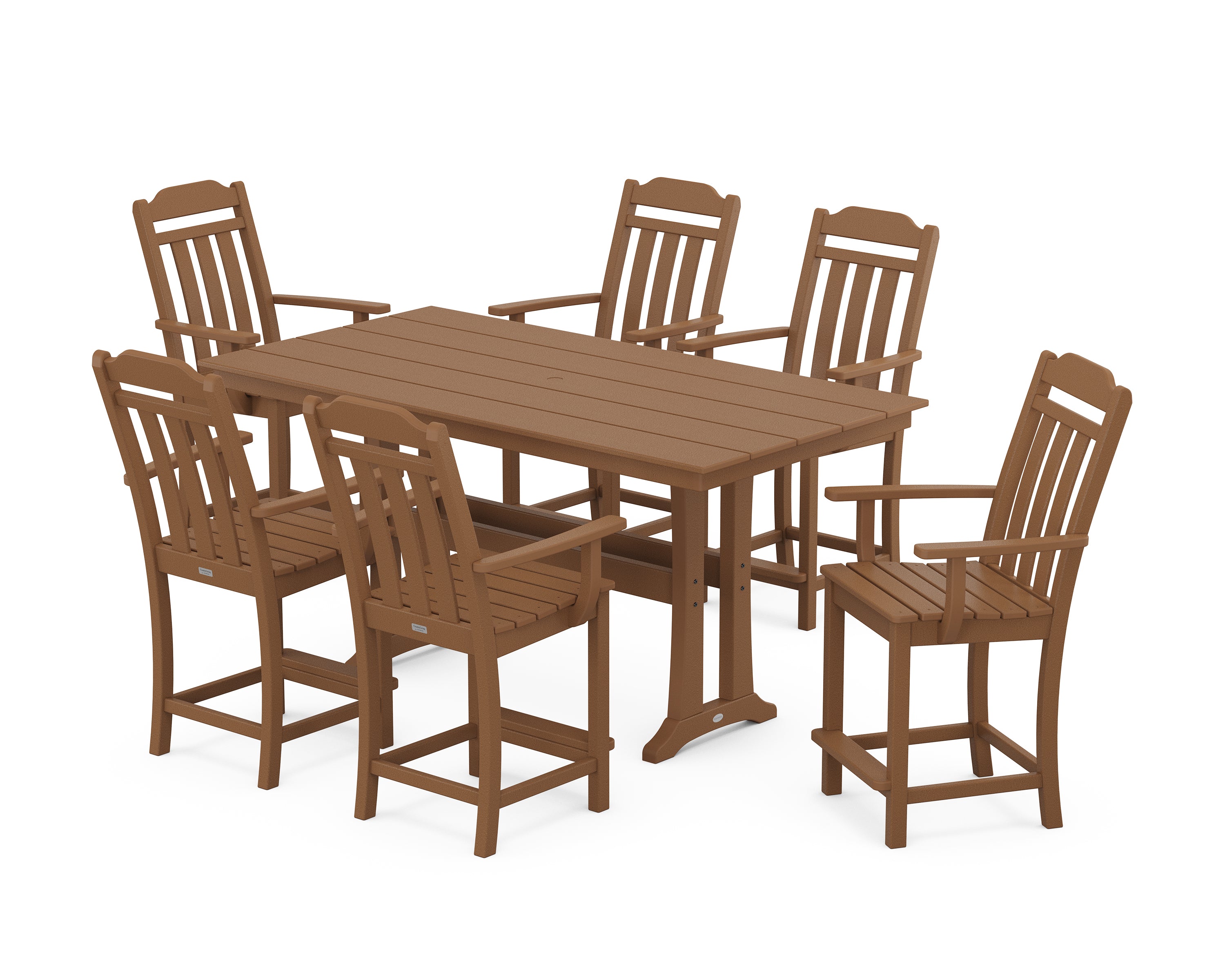POLYWOOD Country Living Arm Chair 7-Piece Farmhouse Counter Set with Trestle Legs in Teak