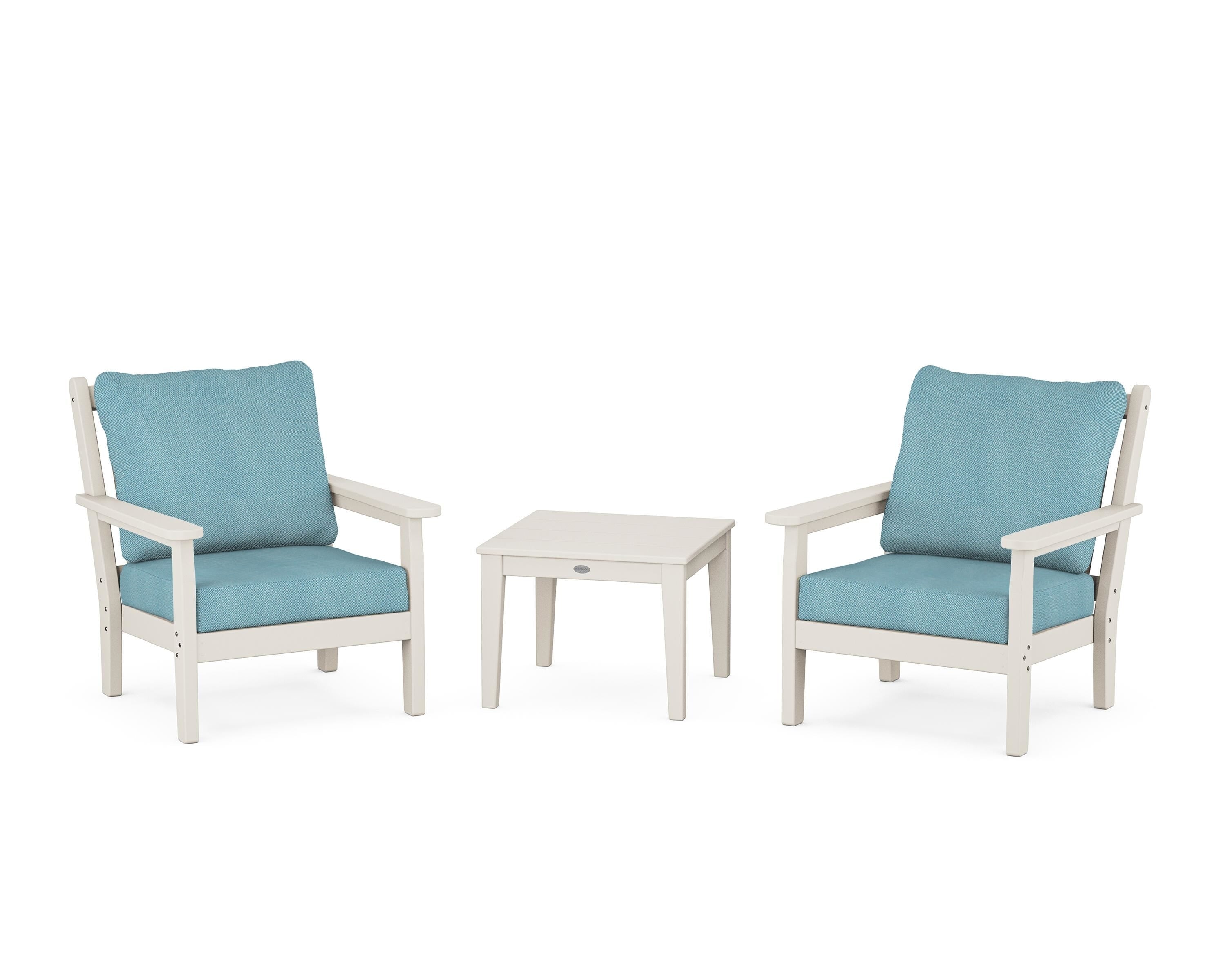 POLYWOOD Chippendale 3-Piece Deep Seating Set in Sand / Lattice Sky Blue