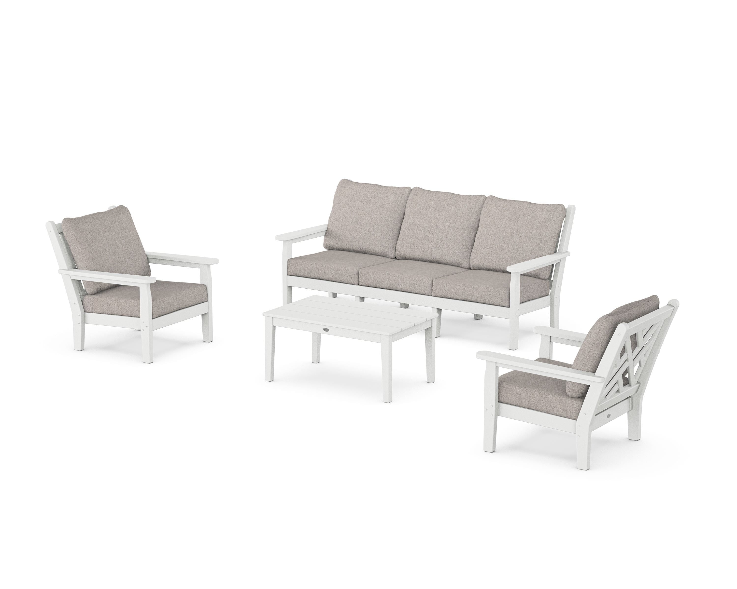 POLYWOOD Chippendale 4-Piece Deep Seating Set with Sofa in White / Weathered Tweed