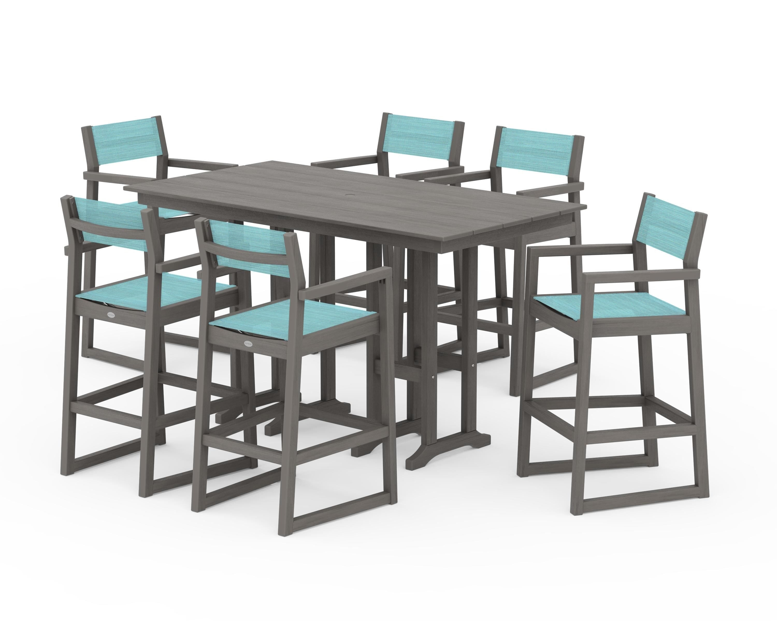 POLYWOOD EDGE Sling Arm Chair 7-Piece Farmhouse Bar Set in Driftwood / Dupioni Aquamarine Sling