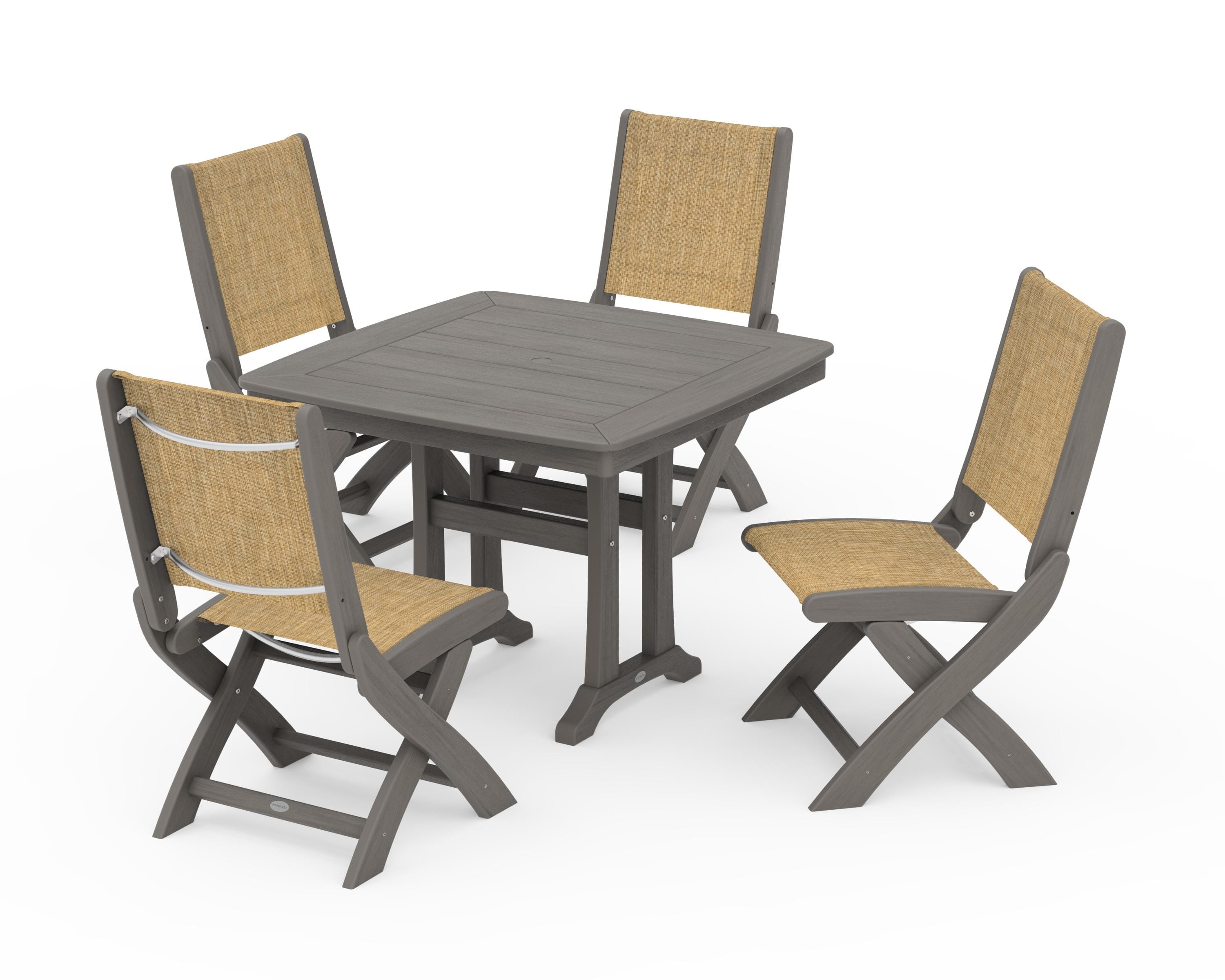 POLYWOOD Coastal Folding Side Chair 5-Piece Dining Set with Trestle Legs in Driftwood / Burlap Sling
