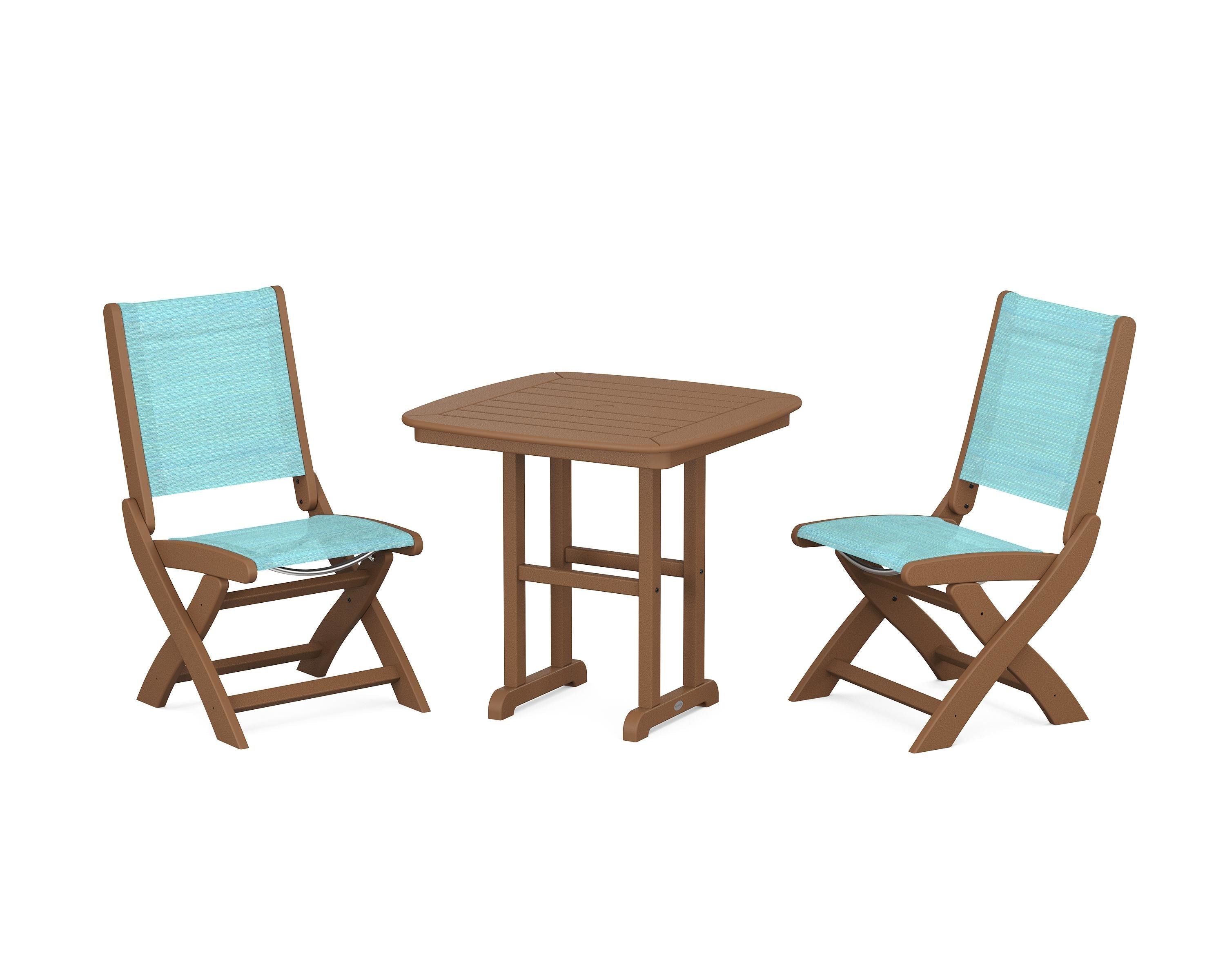 POLYWOOD Coastal Folding Side Chair 3-Piece Dining Set in Teak / Dupioni Aquamarine Sling