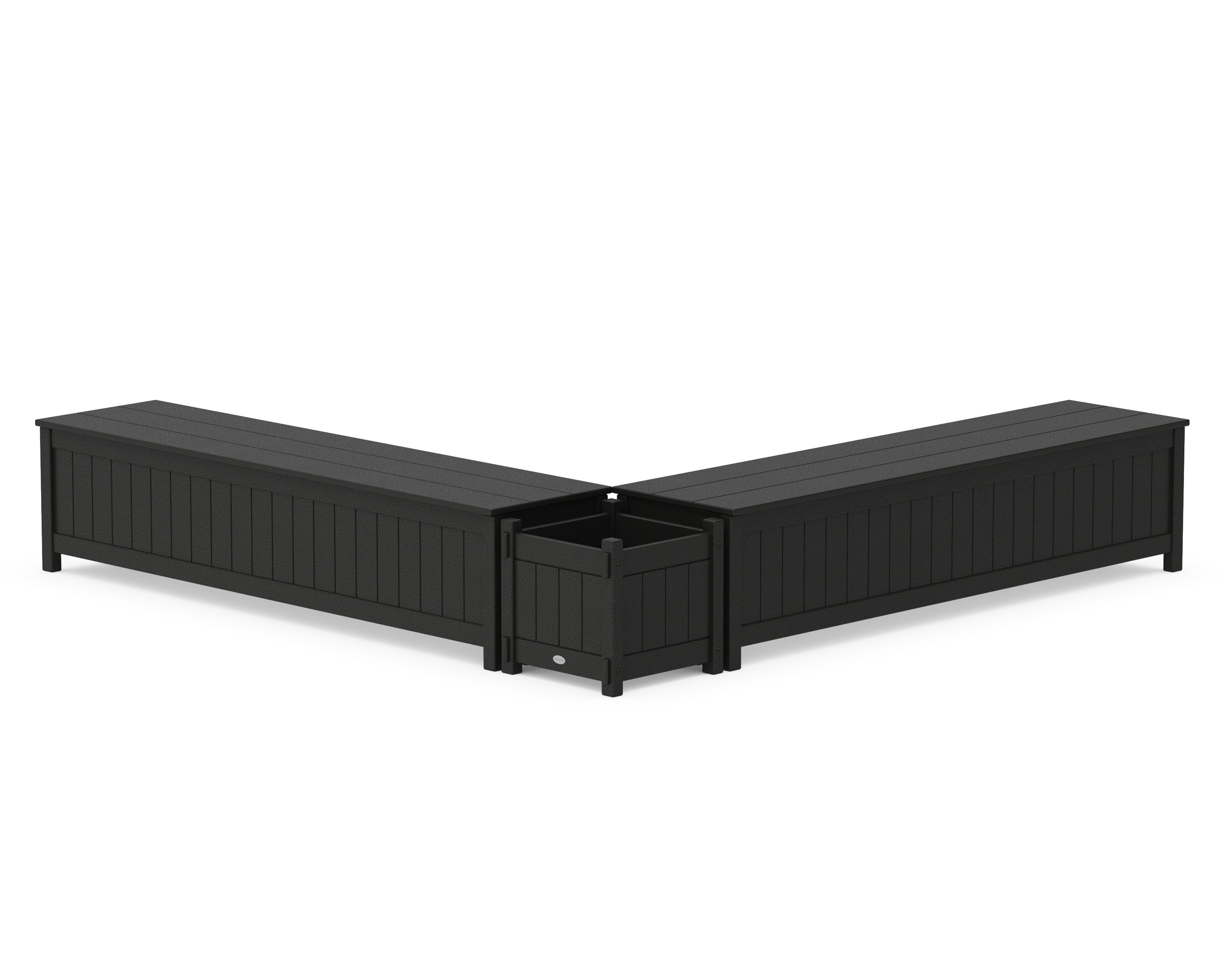 POLYWOOD 72" Vineyard L- Shaped Planter Storage Bench Set in Black