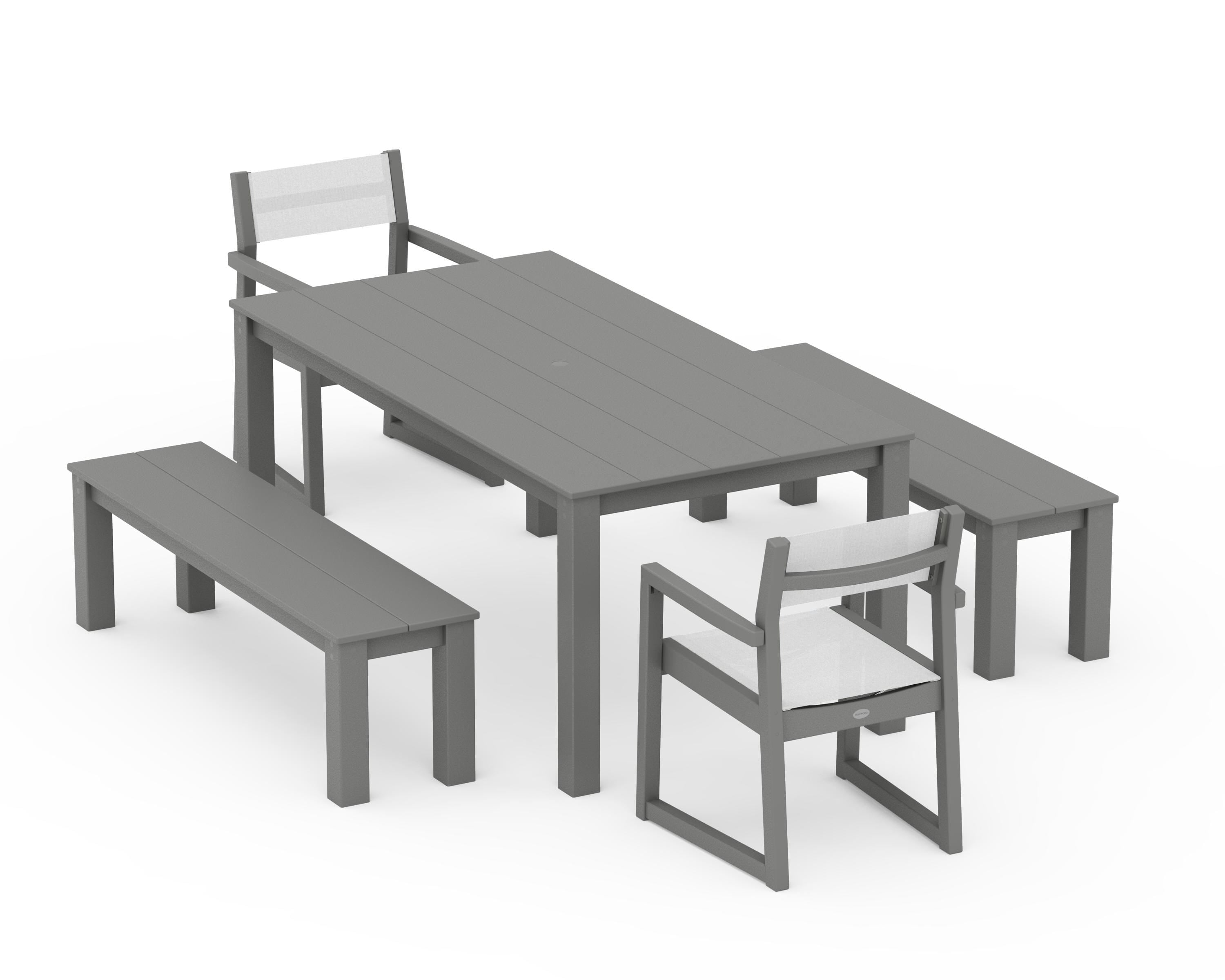 POLYWOOD EDGE Sling Arm Chair 5-Piece Parsons Dining Set with Benches in Slate Grey / White Sling